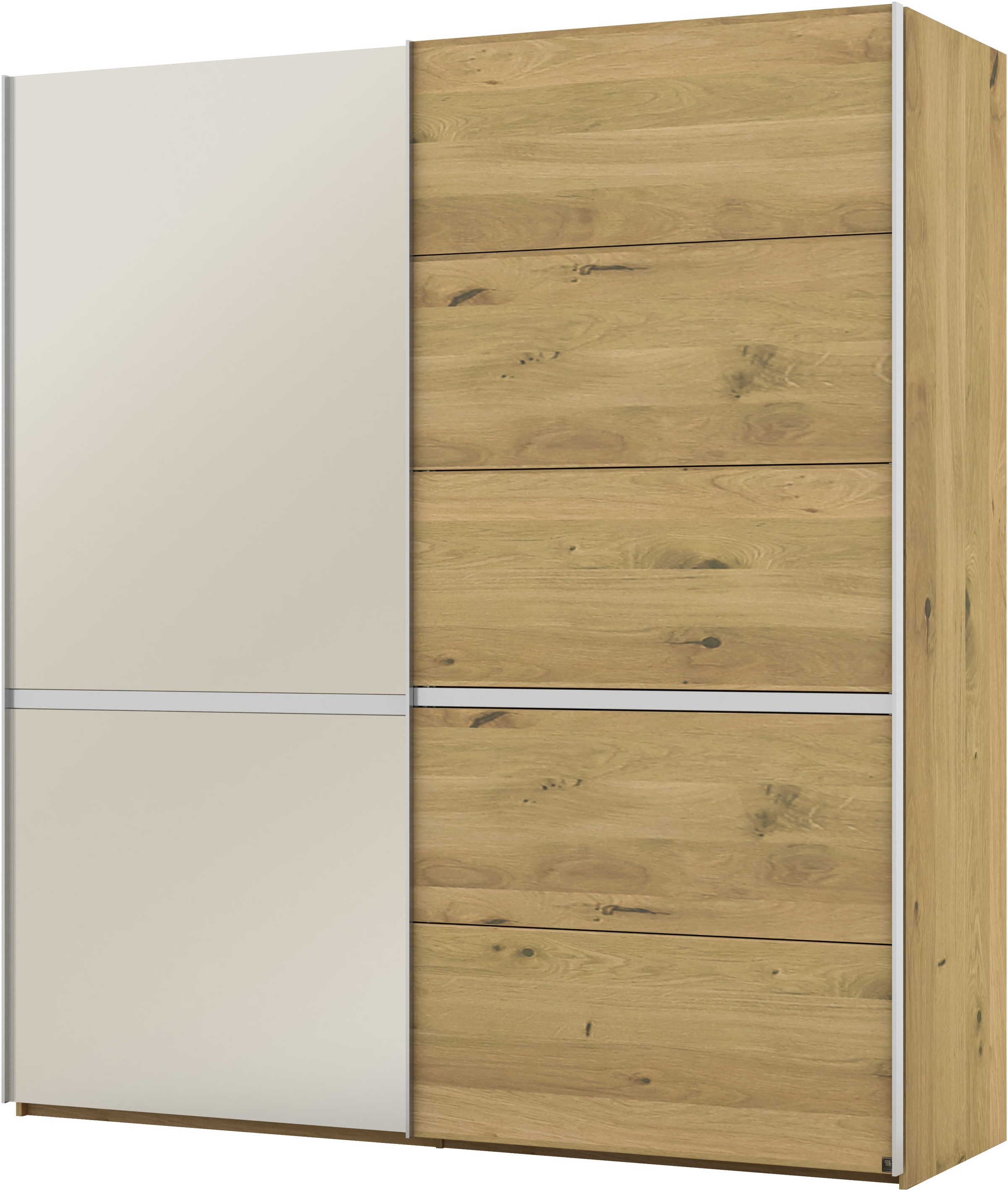 Musterring Schwebetürenschrank »Savona, Kleiderschrank, Schrank, Garderobe, mit Schiebetüren«, (Teilmassiv Bianco-Eiche, mit Spiegel oder Glas, MADE IN GERMANY), Türen Bianco-Eiche massiv, Spiegel-/Glastüren, eingelegte Chromleiste