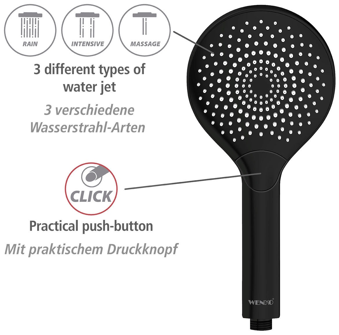 WENKO Handbrause »Watersaving«, (1 tlg.), Schwarz matt, Ø 12 cm
