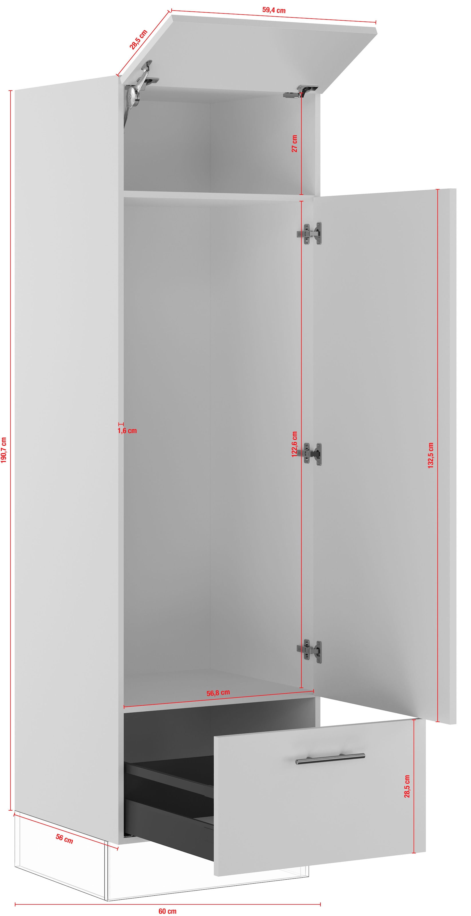 IMPULS KÜCHEN Kühlumbauschrank »"Valencia", Breite/Höhe: 60/190,7 cm, mit Soft-Close«, vormontiert, mit zusätzlichem Auszug und Fach hinter der Klapptür