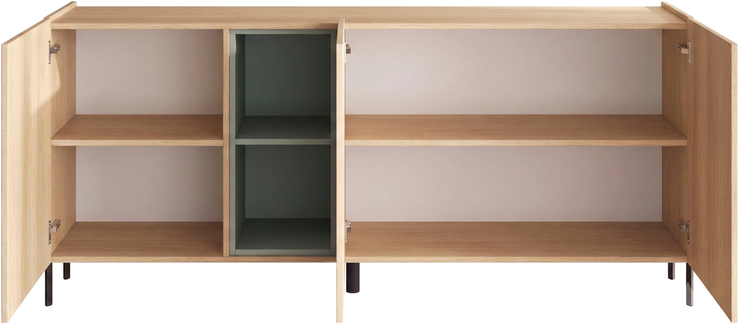OTTO home Sideboard »Badia, 182 cm breit, 3 Türen, Anrichte, Kommode, Stauraumschrank« Innenliegendes Top, gerade Metallfüße, salbeigrüne Farbakzente
