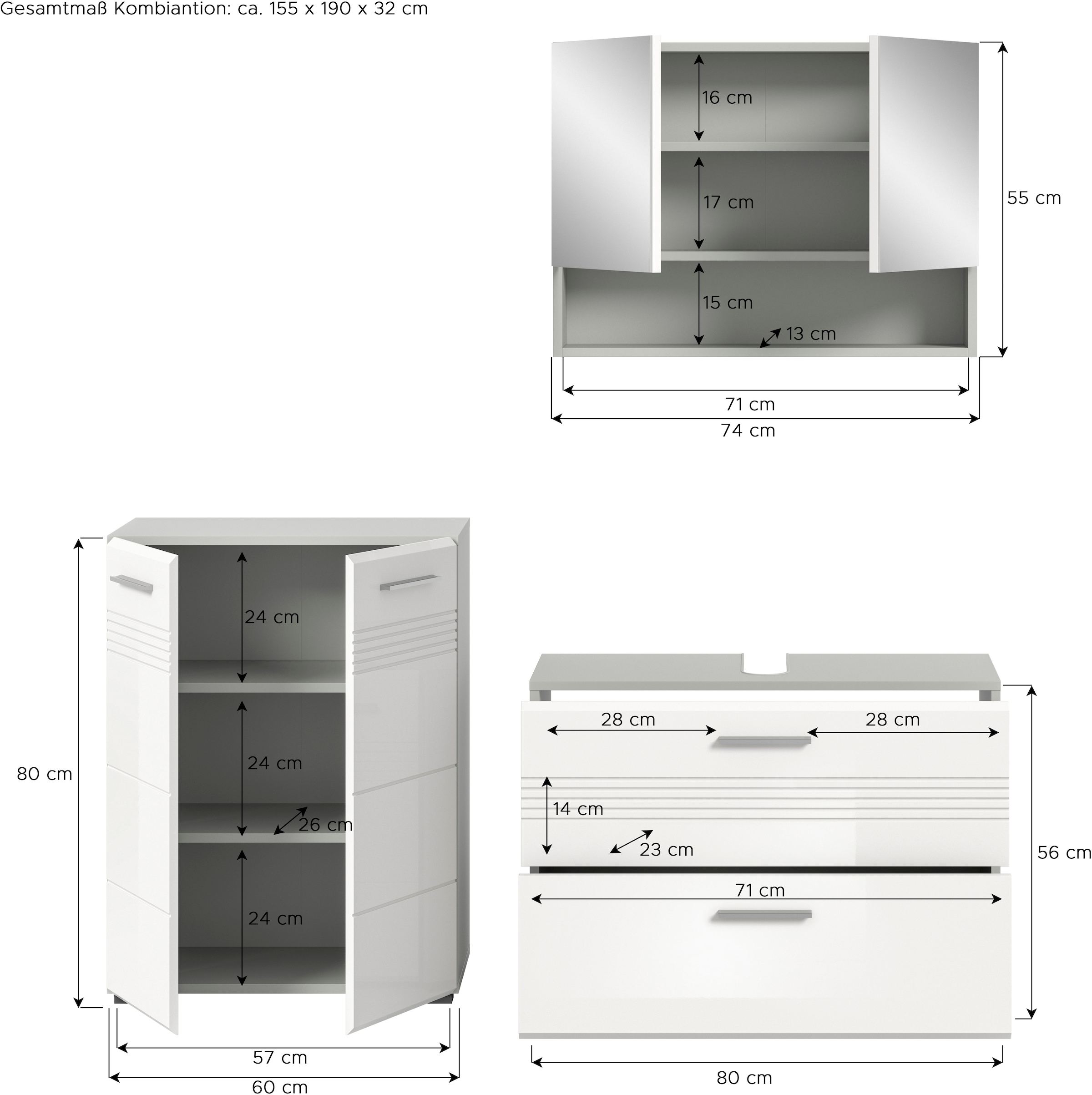 welltime Badmöbel-Set »Calicio, bestehend aus: Midischrank, Waschbeckenunterschrank,«, (3 St.), Spiegelschrank, hochwertige MDF Front mit Rillenfräsung