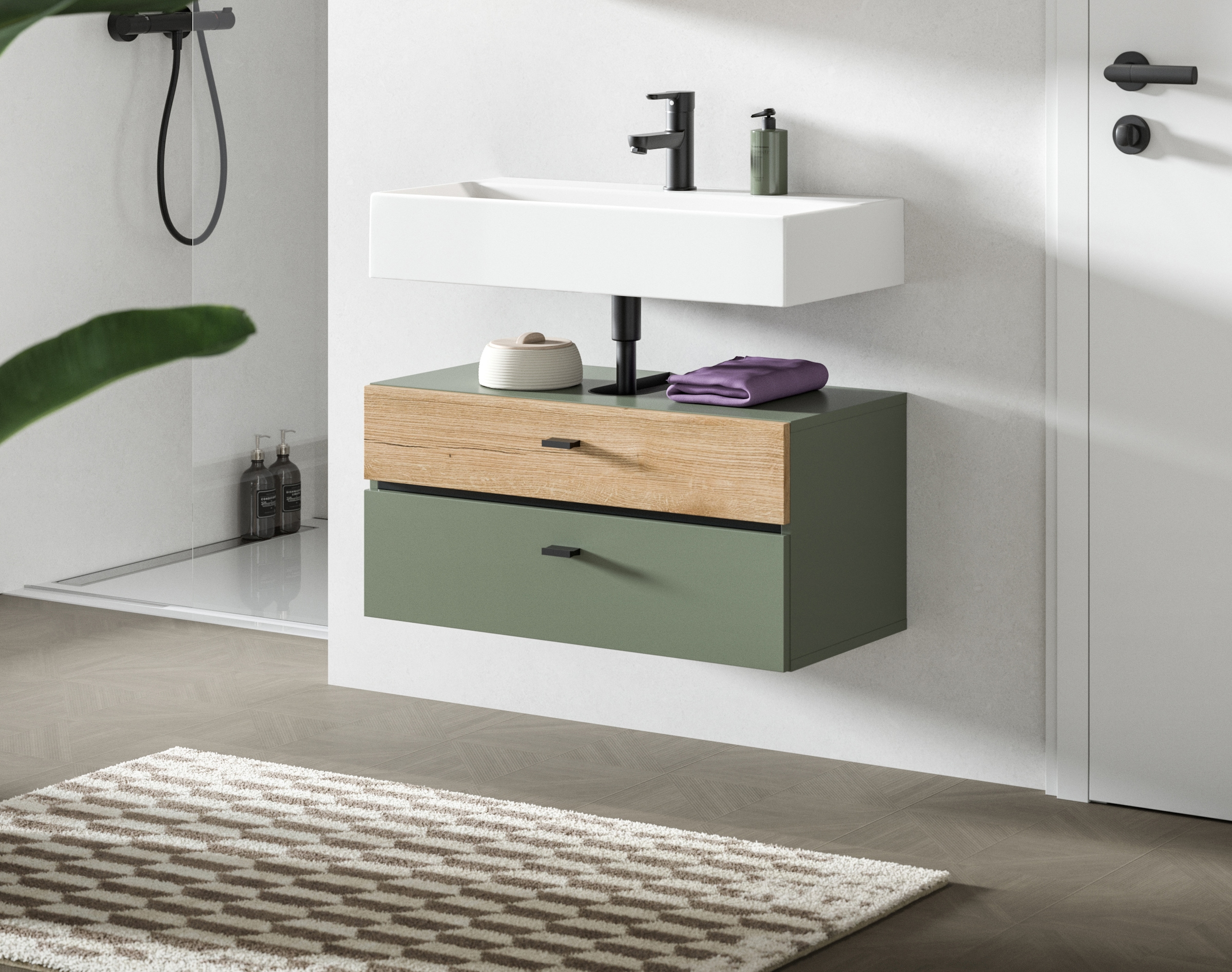 welltime Waschbeckenunterschrank »VANN, Breite 75cm, hängende, 2 Schubkästen, mit Siphonausschnitt« individuell mit weiteren Artikel der Serie VANN kombinierbar,  Waschtisch, Waschbeckenschrank, Kommode, Schrank, Badezimmer, Bad