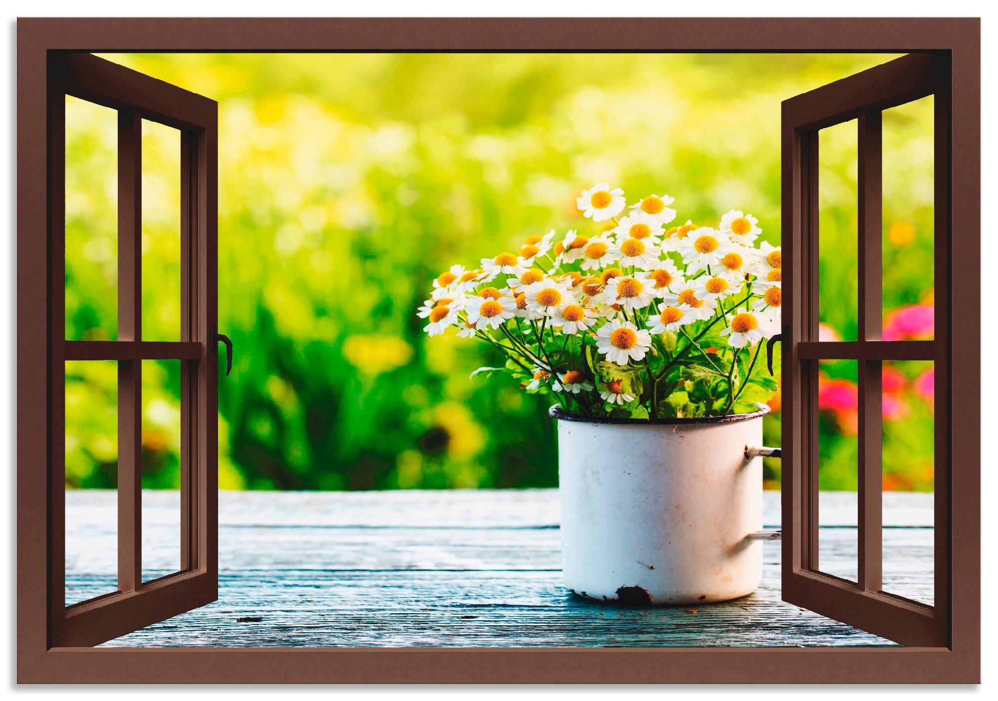 Artland Alu-Dibond-Druck »Fensterblick Garten mit Gänseblümchen« Blumen 1 S günstig online kaufen