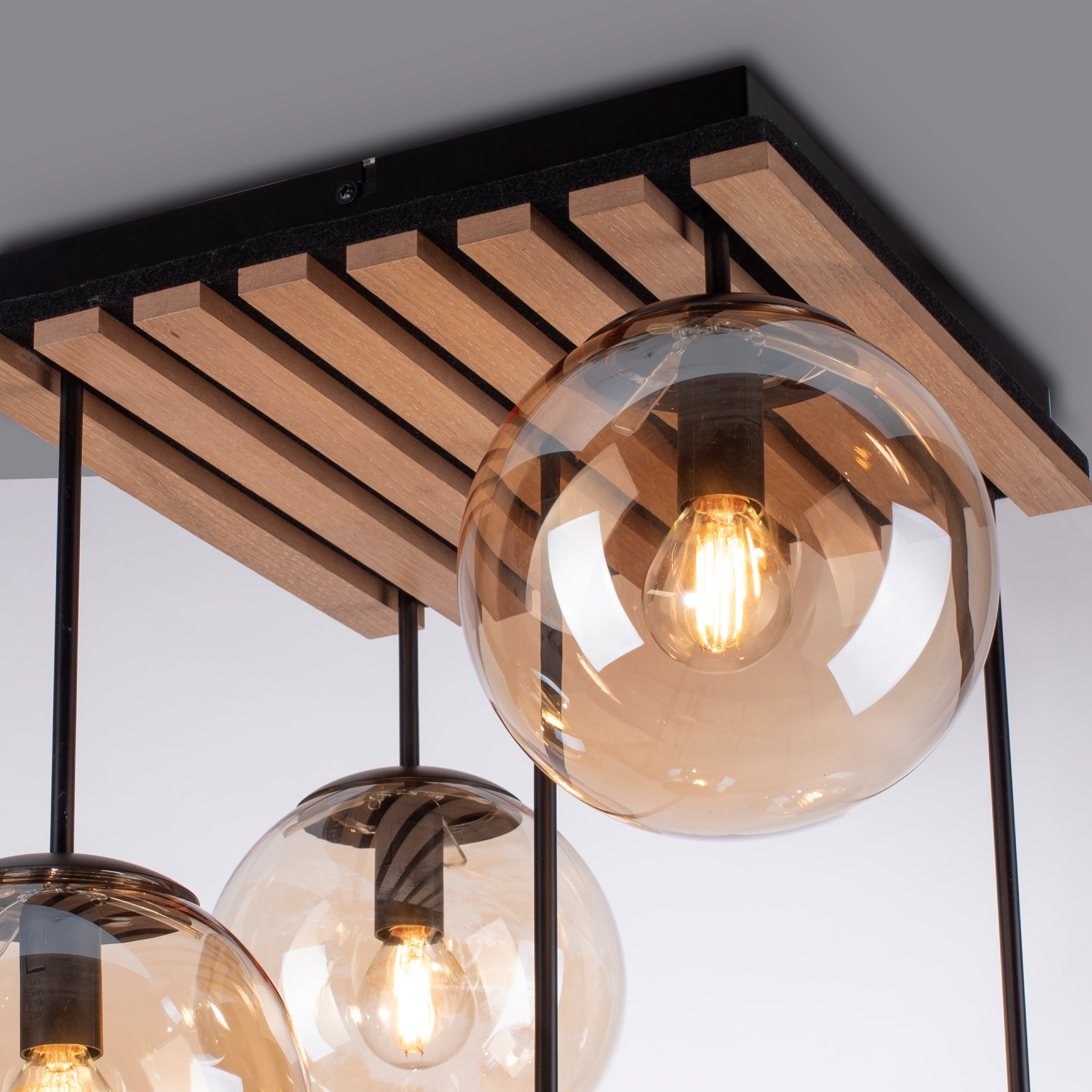 Leonique Deckenleuchte »Erinette Akustikpaneele mit Glaskugeln«, 5 flammig, Leuchtmittel E14 | ohne Leuchtmittel-Leuchtmittel wechselbar, Holz, Akustik, Paneele, Glas, Deckenlampe E14