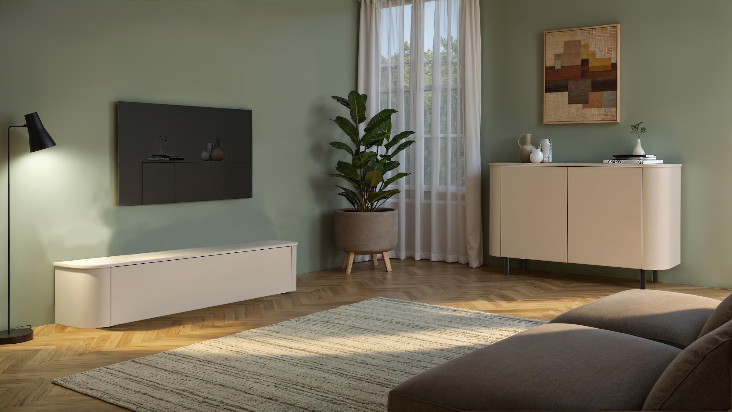 INOSIGN Sideboard »Lido, 131 cm breit, 2 Türen, Anrichte, Kommode, Stauraumschrank« Formgebogenes MDF, Stirnseiten mit Rundung, Push-to-open, Metallfüße