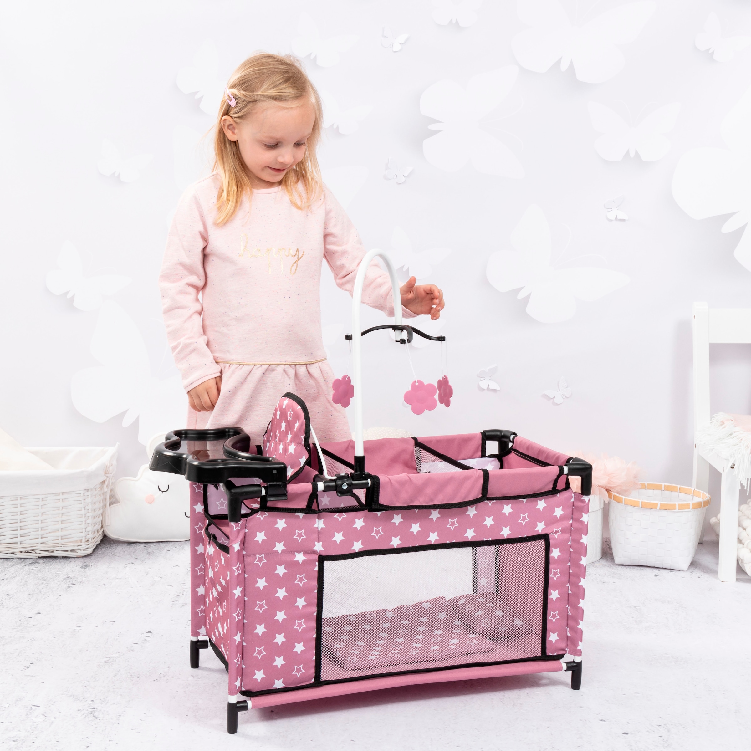 Bayer Puppenbett »Puppenmultibett, altrosa«, Mit integriertem Hochstuhl, Wickelablage und Mobile