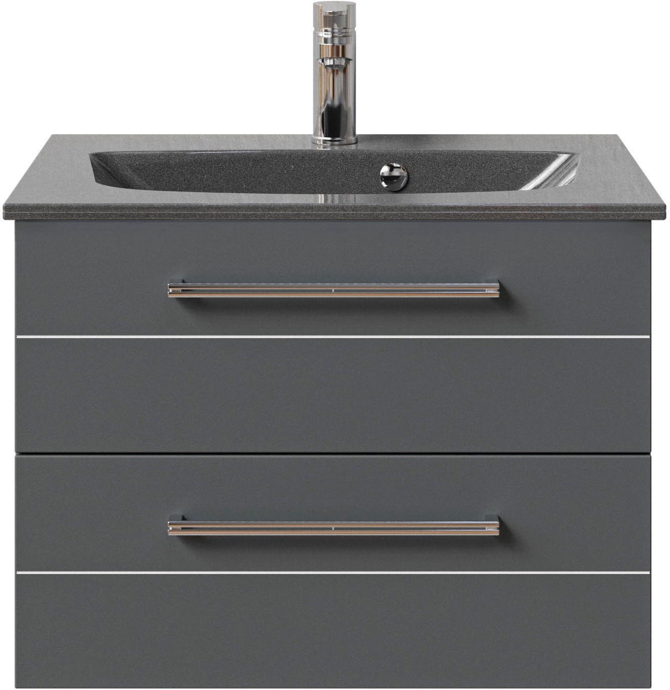 Saphir Badmöbel-Set »Serie 6025 2-teilig Mineralmarmor-Waschtisch mit LED-Spiegelschrank«, (2 St.), Waschplatz 67 cm breit, 2 Schubladen, 2 Spiegel-Türen, inkl Türdämpfer