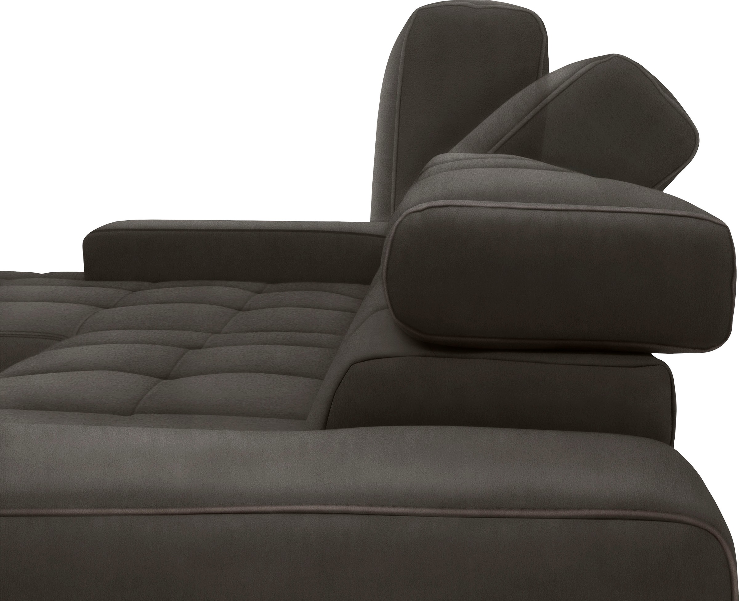 DOMO collection Ecksofa »Cunelli tolle Sitznähte als Designelement, fester Sitzkomfort, L-Form«, wahlweise mit 6-fach verstellbarer Kopfteilverstellung, bodenfrei