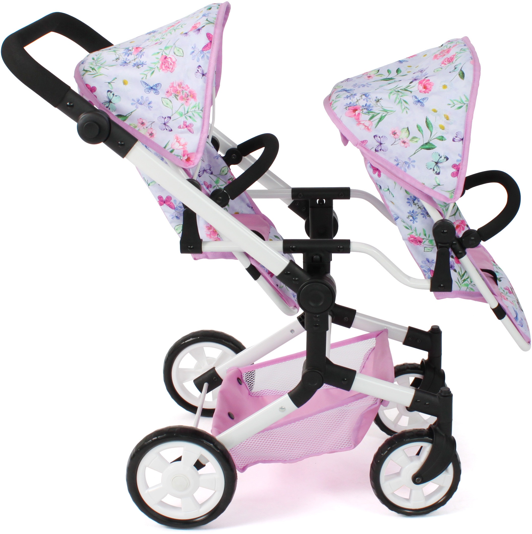 CHIC2000 Puppen-Zwillingsbuggy »Linus Duo, Flowers«, mit zwei abnehmbaren, bis in Liegeposition verstellbaren Sportsitzen