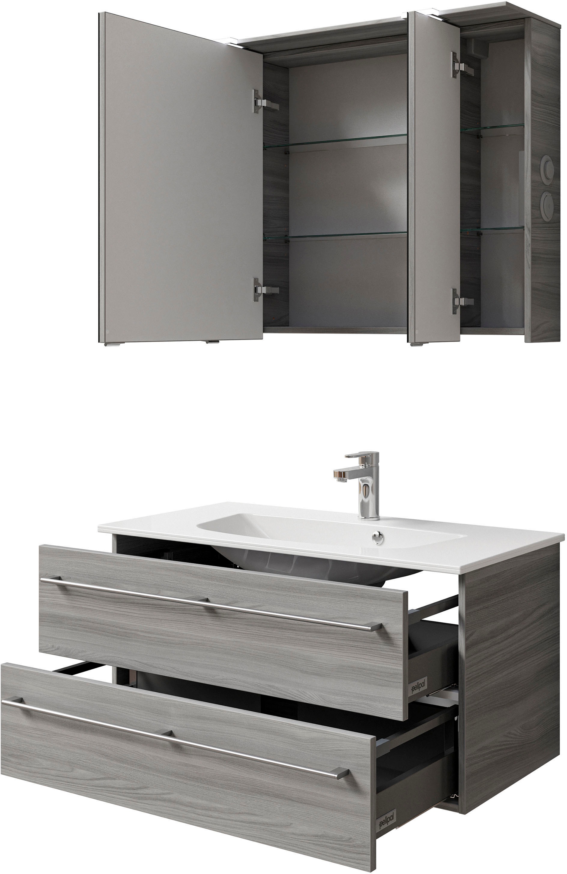 Saphir Badmöbel-Set »Serie 6025 2-teilig Mineralmarmor-Waschtisch mit LED-Spiegelschrank«, (2 St.), Waschplatz 97 cm breit, 2 Schubladen, 3 Spiegel-Türen, inkl Türdämpfer