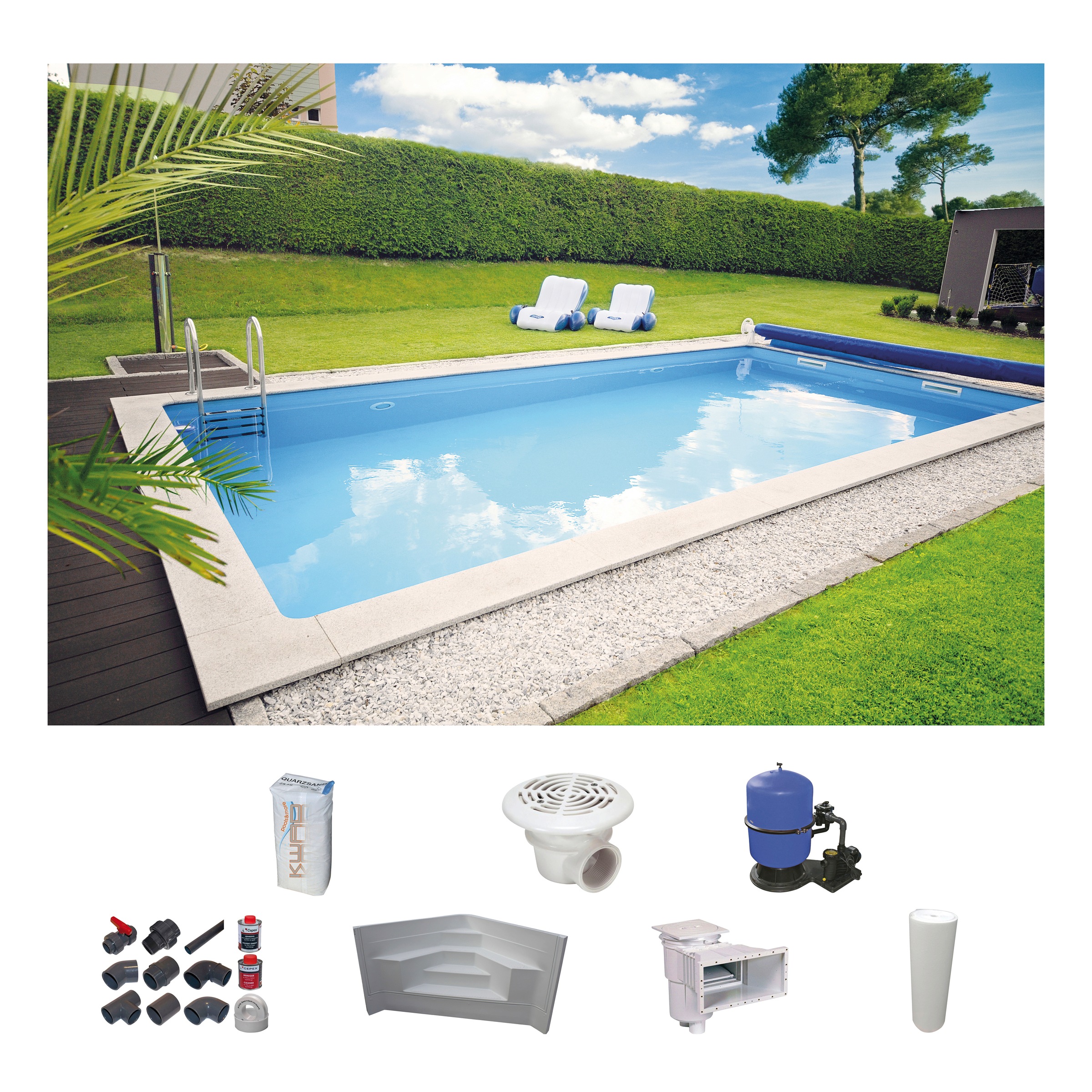 KWAD Rechteckpool »mit Ecktreppe« 8x4, 7x3, 5 oder 6x3m Höhe: 1, 50m, mit Foliensack 0, 8mm weiß Ø/B/H/L: Breite 300 cm x Höhe 150 cm x Länge 600 cm