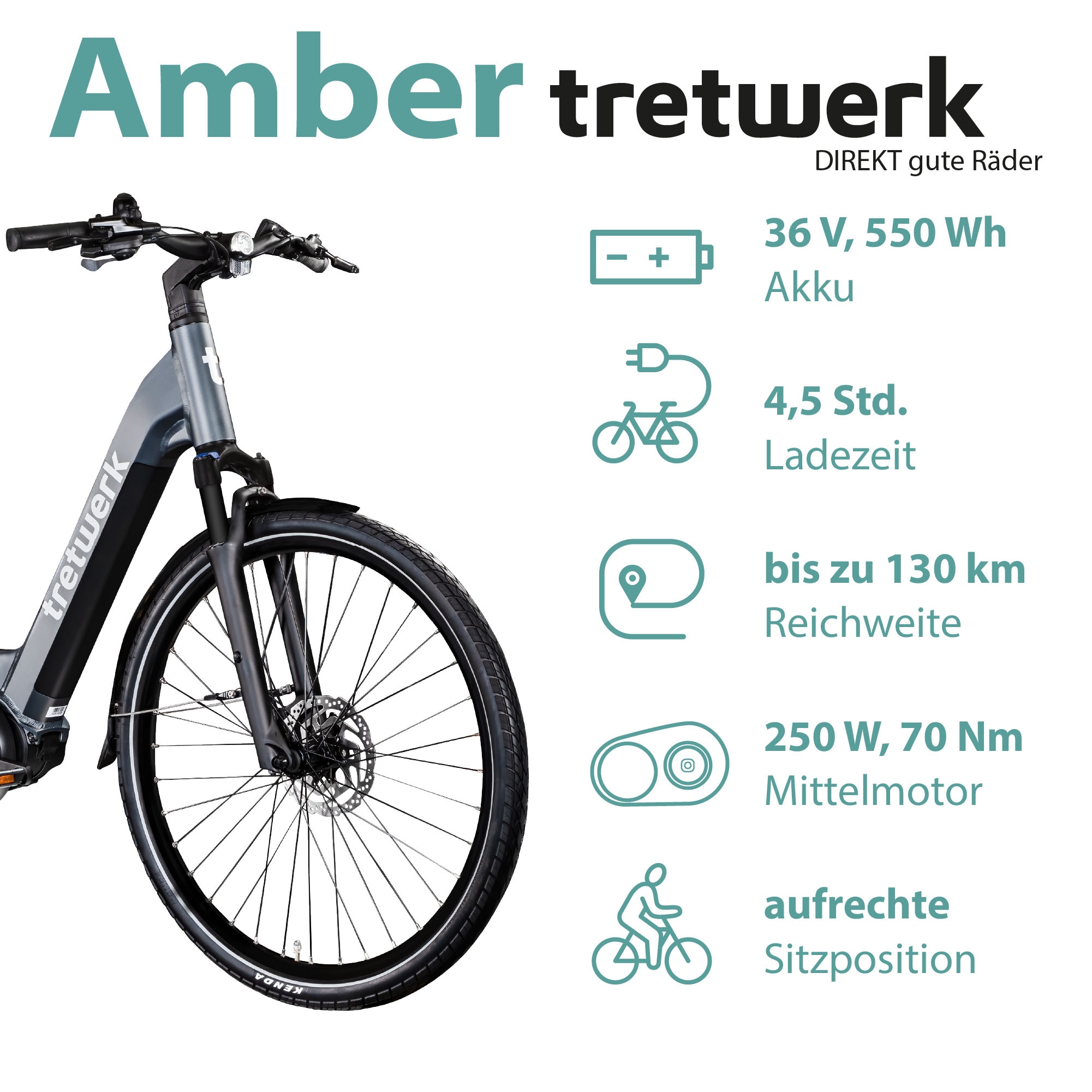 Tretwerk E-Bike »Amber«, 8 Gang, Shimano, Acera M3020 SGS, Mittelmotor 250 W, E Bike Damen 28" Elektrofahrrad 155 - 185cm Hollandrad