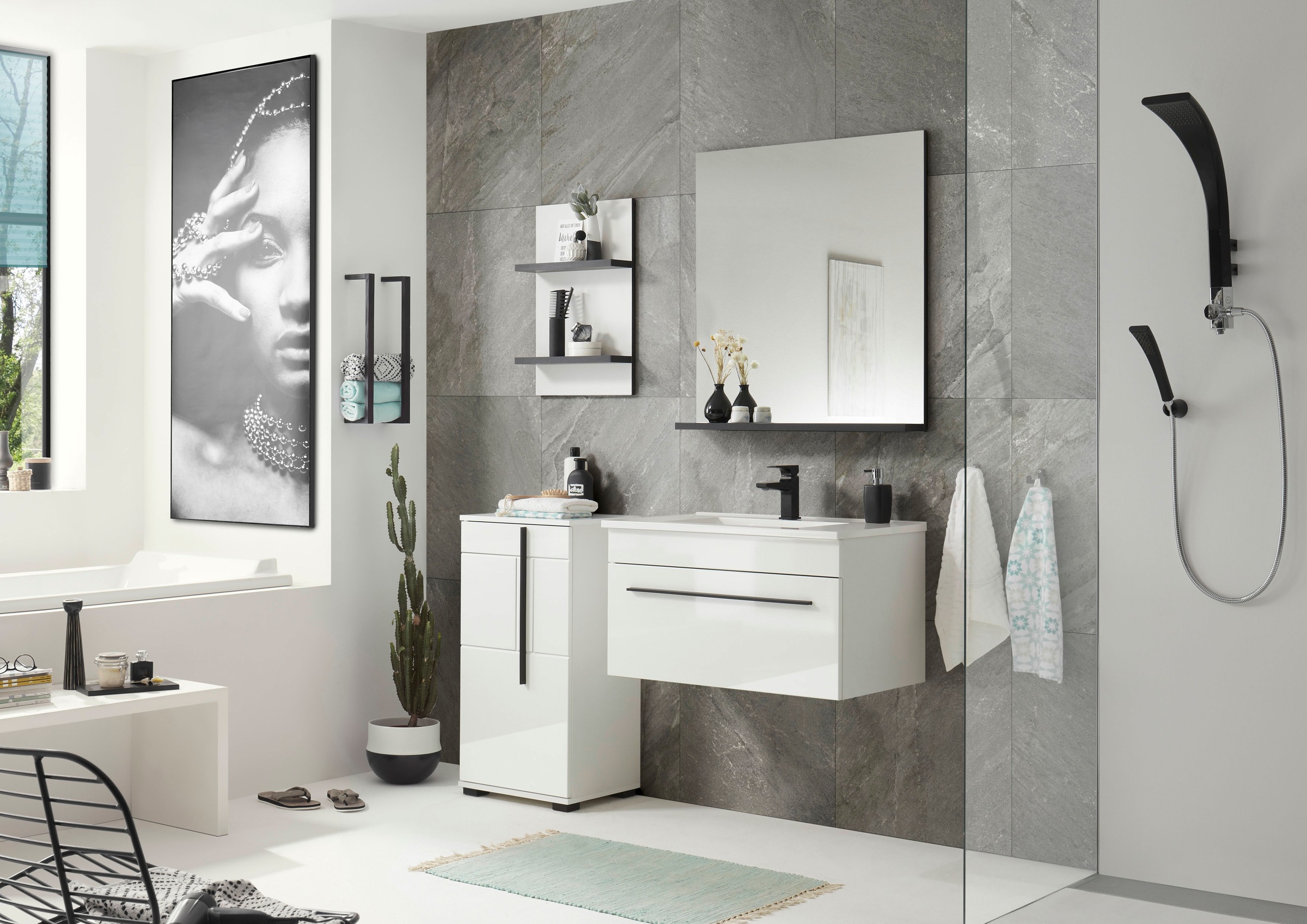 INOSIGN Badmöbel-Set »Cantara, Bad im modernen Design, 4-teiliges Badezimmer«, (Set, 4 St.), Waschtisch, Schrank, Hängeregal und Spiegel, in Weiß Hochglanz