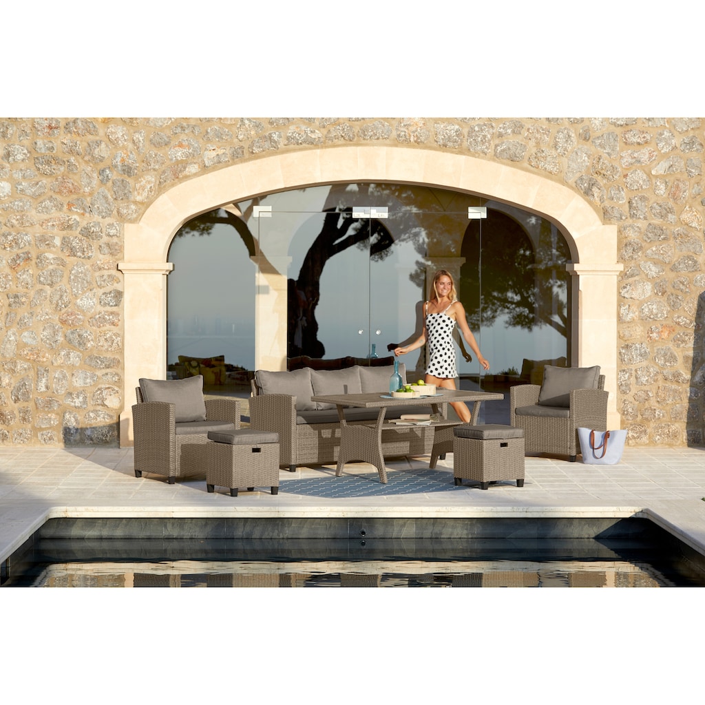 KONIFERA Gartenlounge-Set »Amsterdam«, (Set, 16 tlg., 1x 3er Sofa, 1x 2 Sessel, 2x Hocker, 1xTisch 144,5x74x67cm,Polyrattan), Stahl, Ablagefläche unter dem Tisch, Diningset, Loungeset