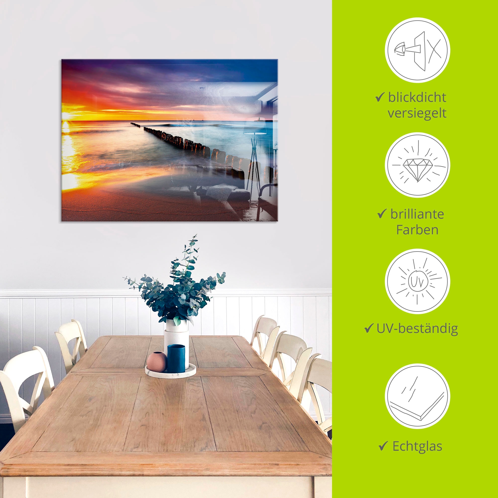 Artland Glasbild »Ostsee mit schönem Sonnenaufgang«, Strand, (1 St.), in verschiedenen Größen