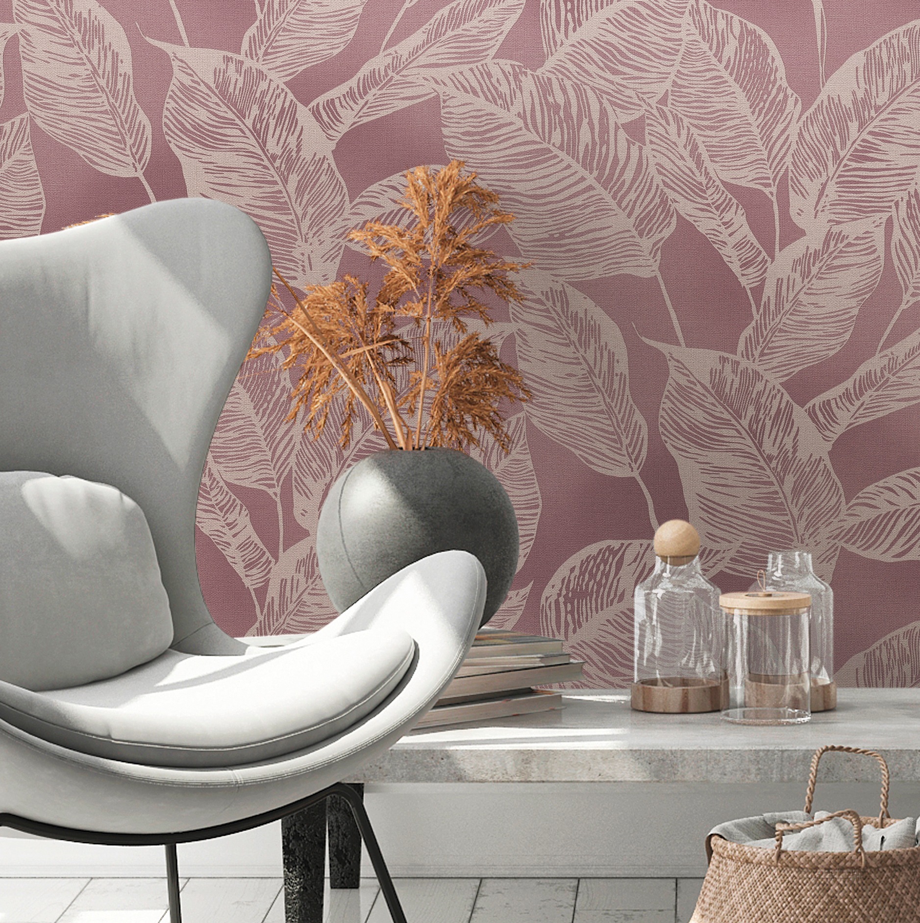 A.S. Création Vliestapete »Natural Living Pflanzen«, matt-gemustert-neutral, Tapete Blätter Vlies Vlies Wand Tapeten Wohnzimmer Schlafzimmer Küche