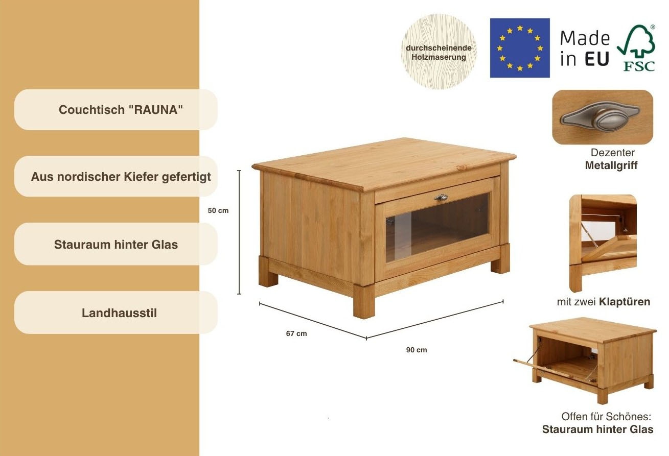Home affaire Couchtisch »Rauna«, Breite 90 cm, FSC®-zertifiziertes Massivholz