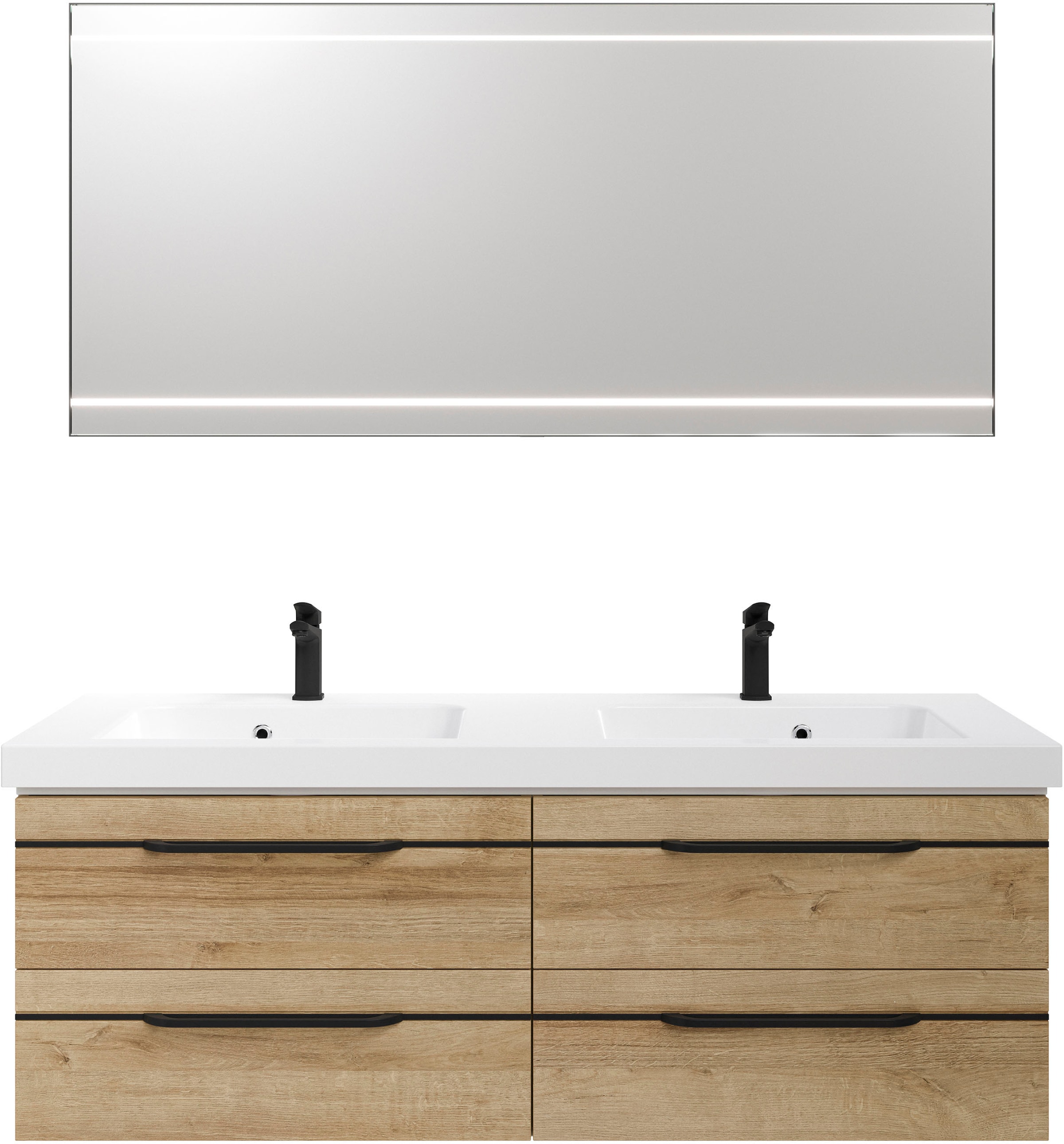 Saphir Badmöbel-Set »Balto 2-teilig Mineralmarmor-Doppelwaschtisch mit LED-Spiegel«, (2 St.), Waschplatz 150 cm breit, 4 Schubladen, inkl. Schubladendämpfer