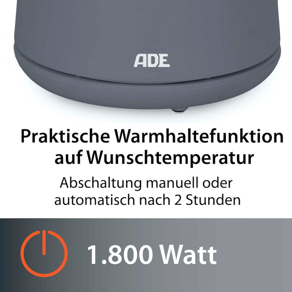ADE Wasserkocher »KG2100-3«, 1,5 l, 1800 W, mit digitaler Temperatureinstellung & LED-Display mit weißen Ziffern, 5 wählbare Temperaturstufen (40-100°C), Warmhalte-Funktion und automatischer Abschaltung, grau