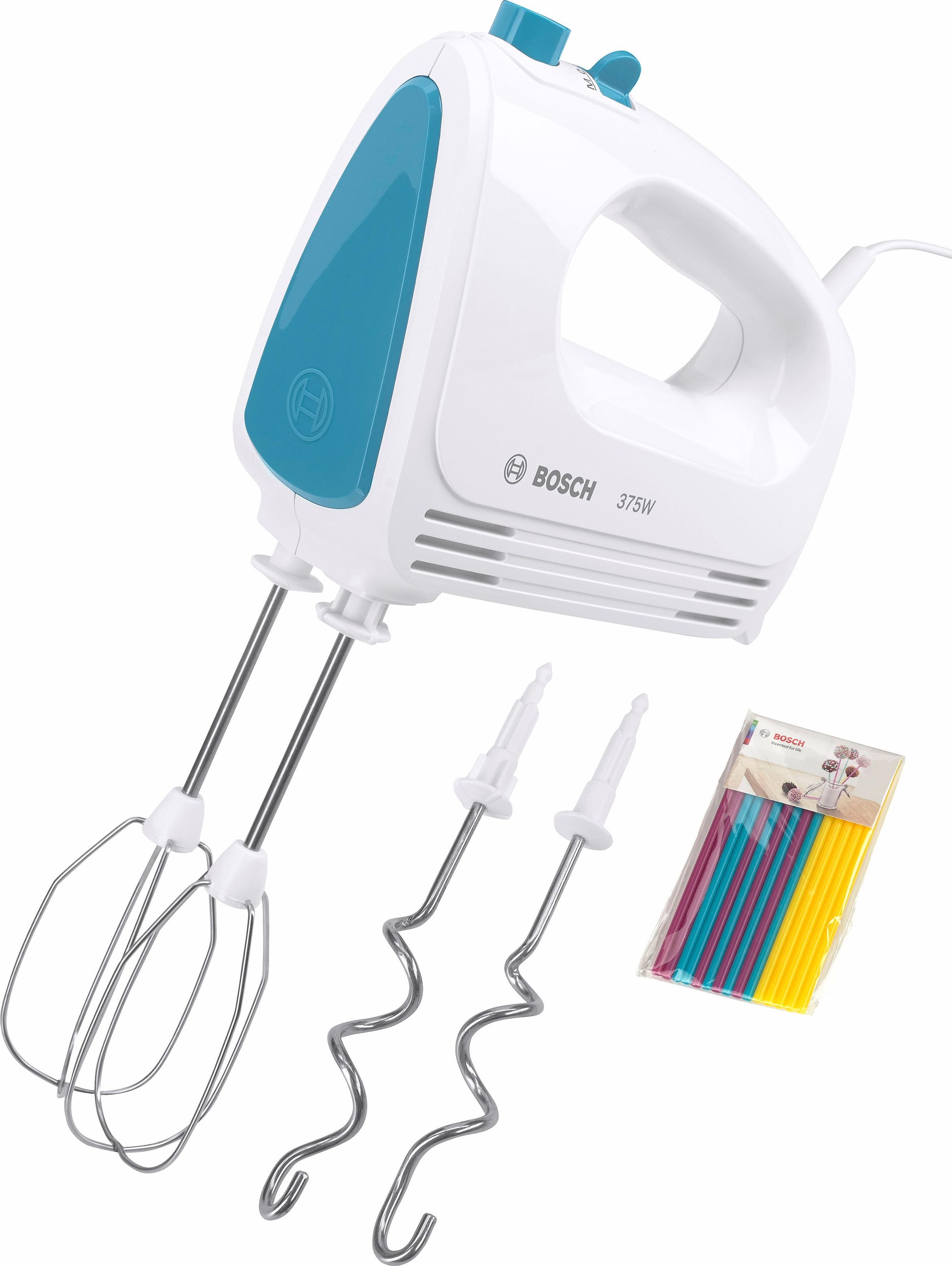 BOSCH Handmixer »CleverMixx MFQ2210D, Edelst. Rührbesen/Knethaken, 4 Stufen, weiß/blau«, 375 W, Auswurftaste, leichtes Gehäuse, Made in Europe