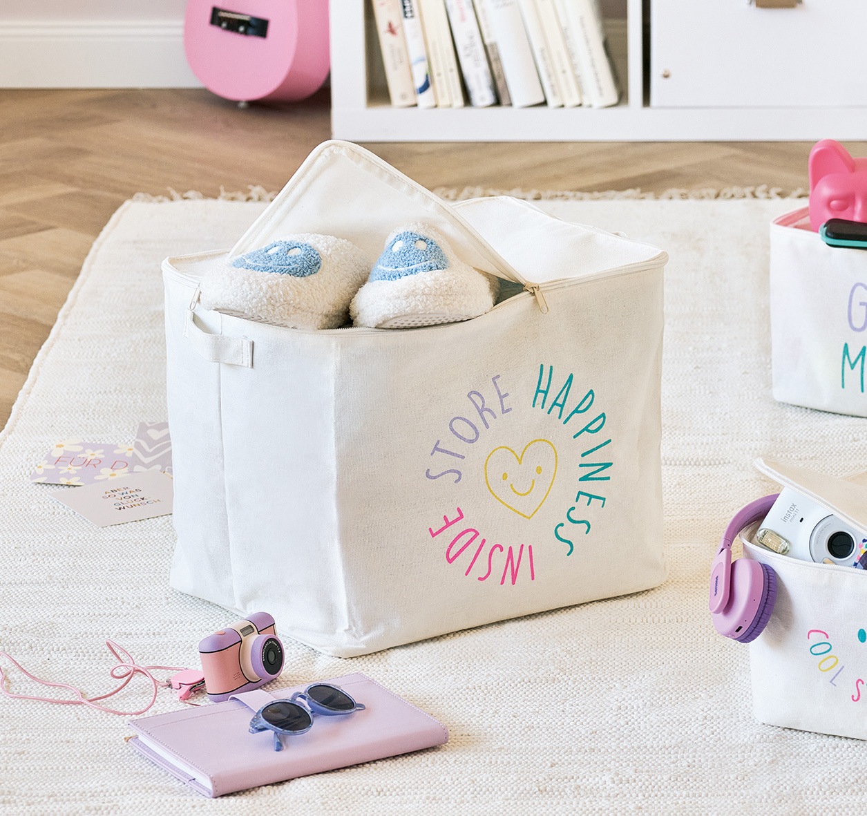 Zeller Present Aufbewahrungsbox »Aufbewahrungsbox, Polyester/Baumwolle, creme« mit Reißverschluss "Happiness", 2er Set, ca. 39x29x30 cm