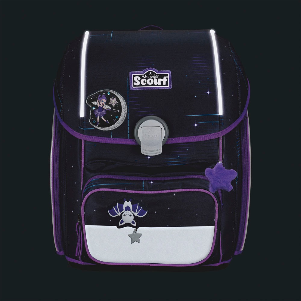 Scout Schulranzen »Genius Safety Light, mit LED-Lichtleiter, Spooky Starlight«, Retroreflektierende Flächen-LED-Lichtleiter, mit Powerbank; enthält recyceltes Material