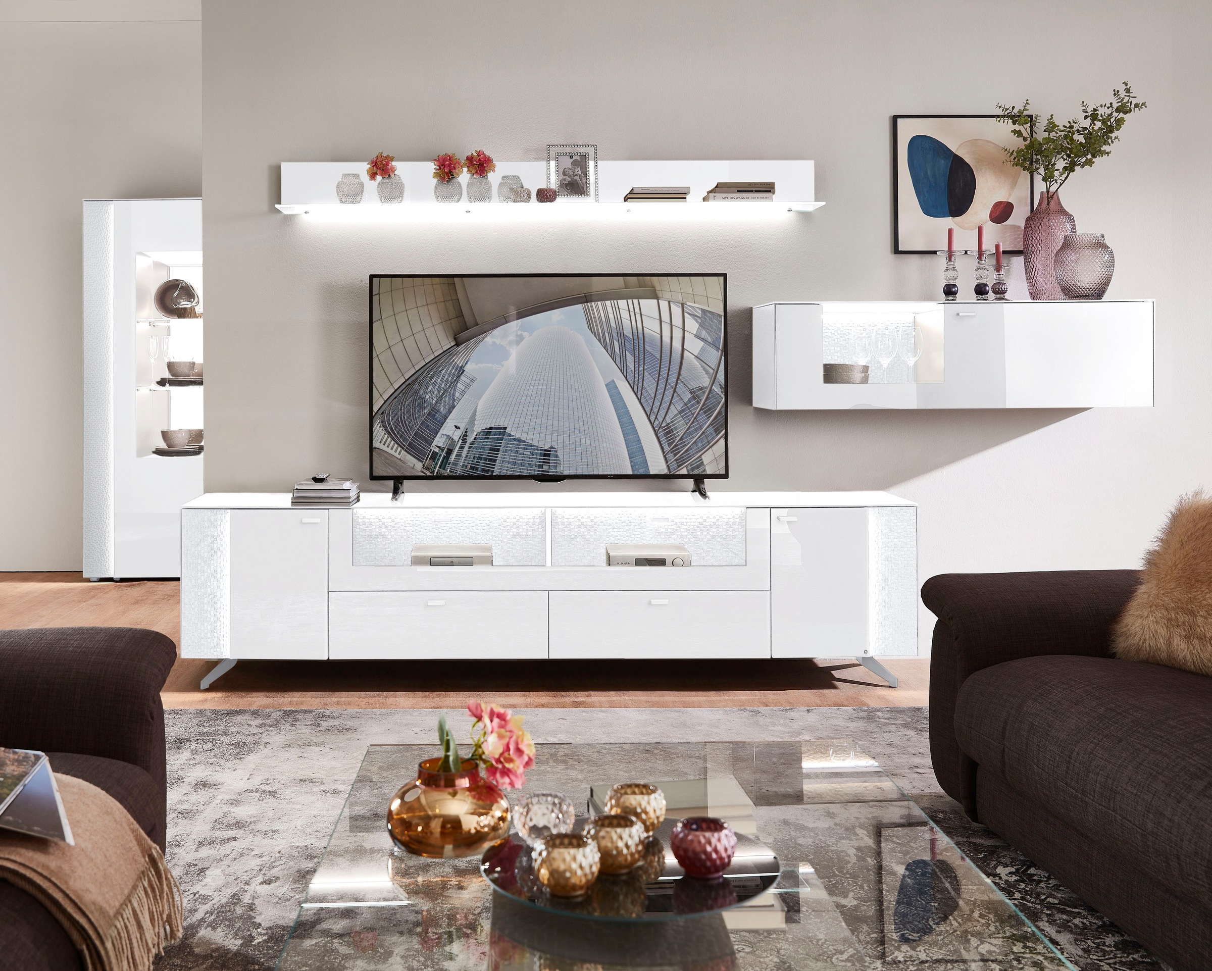 LEONARDO Lowboard »AUREA« mit Pailletten-Akzent, wahlweise mit Beleuchtung Lack weiß/Paillette weiß