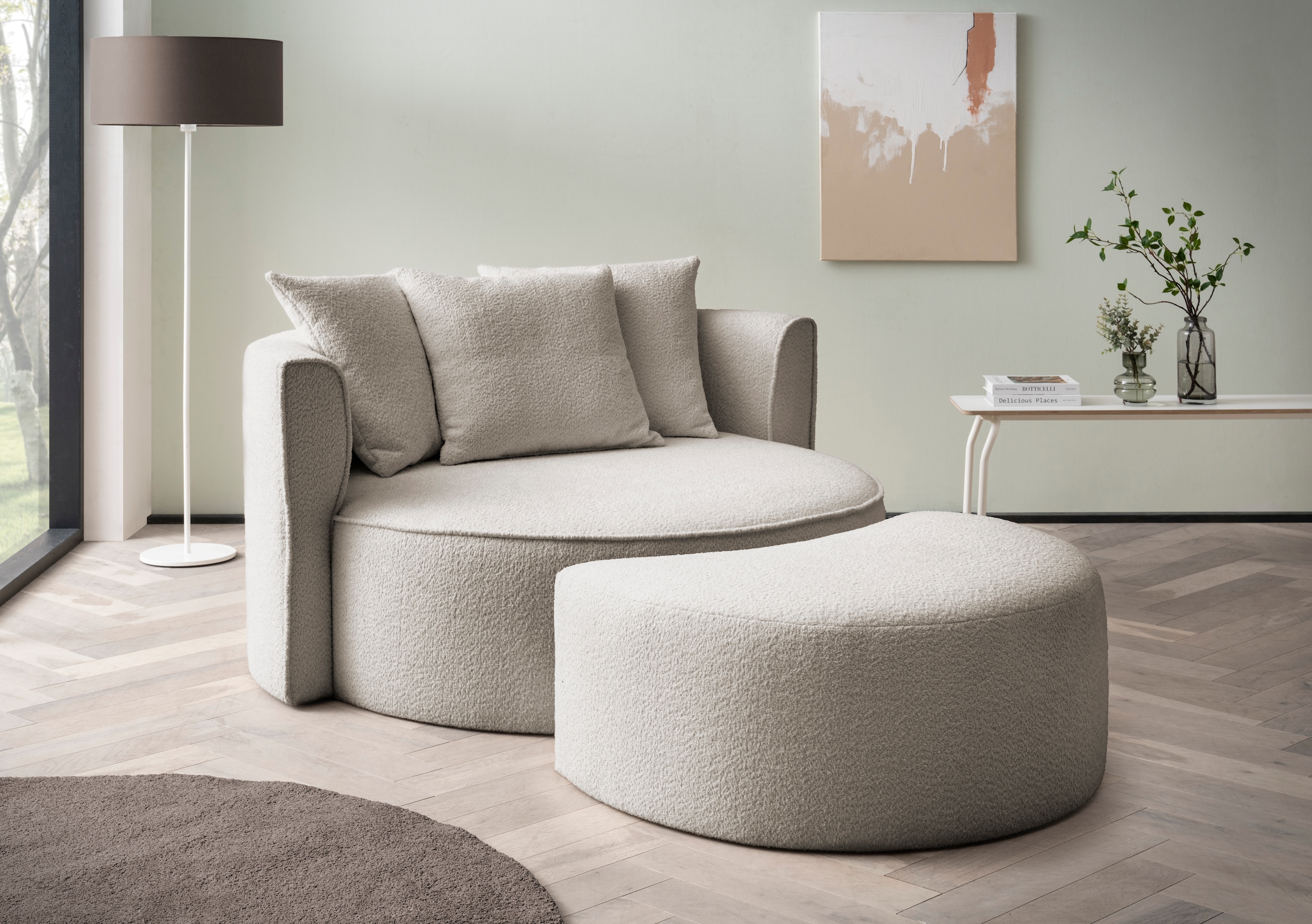 LeGer Home by Lena Gercke XXL-Sessel »Isalie, Rundsessel mit Hocker, Lesesessel, Loveseat, Big-Sessel«, (Set), trendige Stoffe, mit 3 Zierkissen, große Sitzfläche