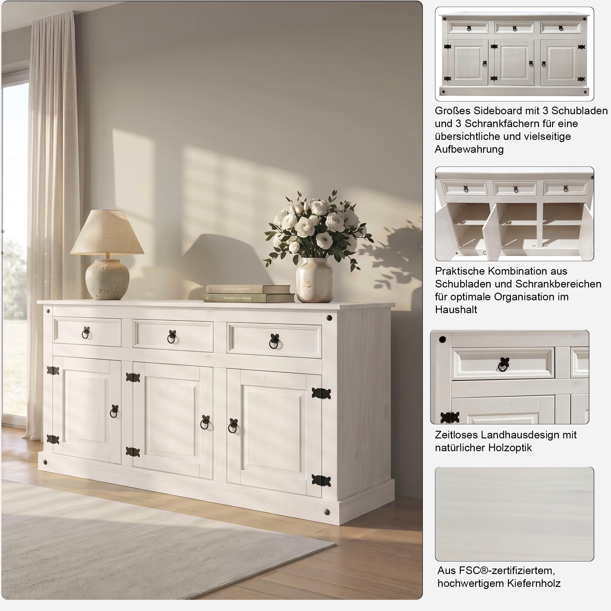 OTTO home Sideboard »Mexiko Kommode mit 3 Türen und 3 Schubladen mit Ringgriffen aus Metall« Kommode aus massivem Kiefernholz, Breite 151 cm