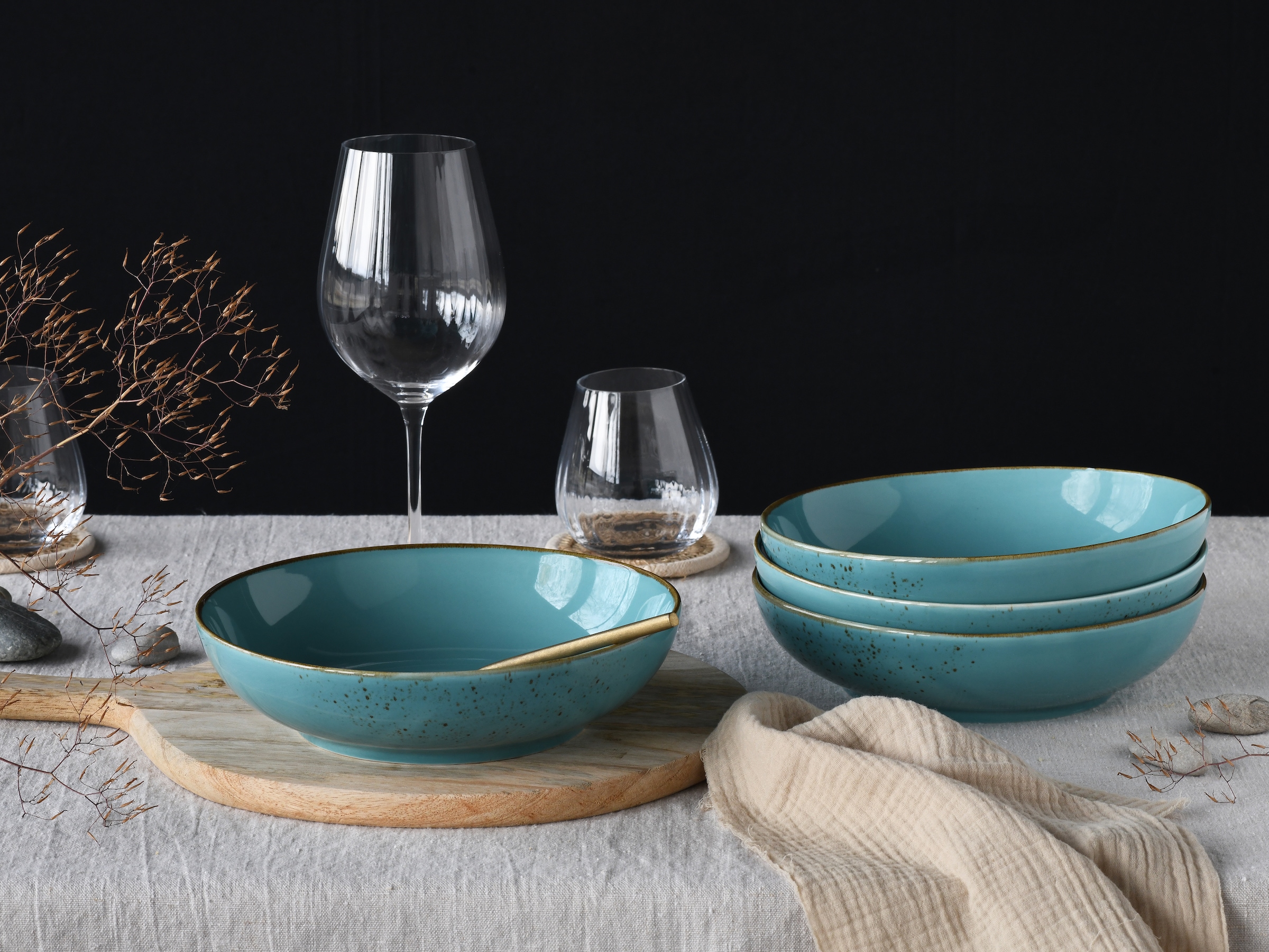 CreaTable Schale »Nature Collection, Poke Bowl, Ø 22,5 cm, 4-tlg«, 4 tlg., aus Steinzeug, Handwerklicher Look, Vintage, Höhe 5 cm