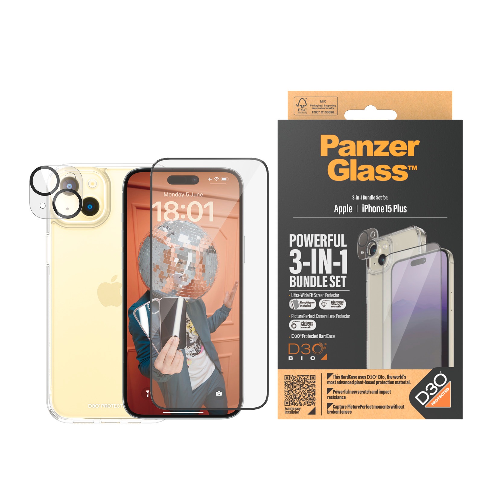 PanzerGlass Displayschutzglas »3-in-1-Pack Screen, Camera Protector und Cover«, für iPhone 15 Plus