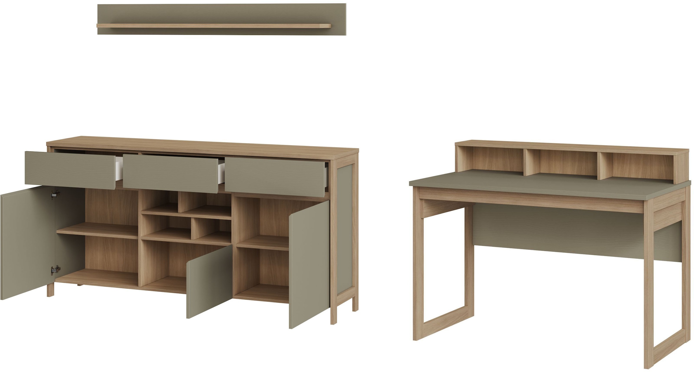 Home affaire Büromöbel-Set »Stranda im Scandi-Style, Home Office, Büro in zwei Farben verfügbar« 3 Stk. tlg. enthält Schreibtisch, Sideboard und Wandboard