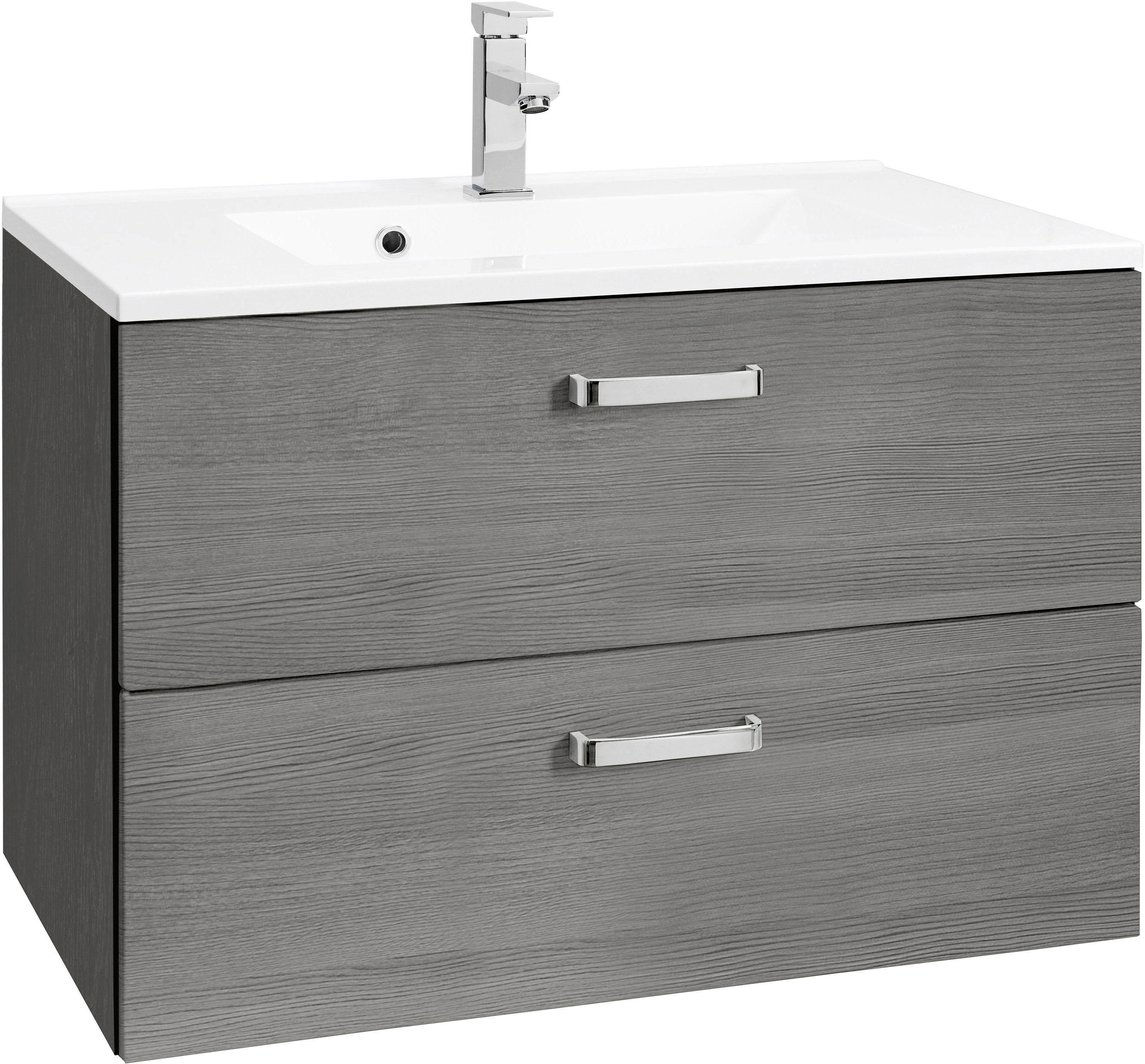 Waschbeckenunterschrank „Ravenna“, Bad, Waschtisch inkl. Waschbecken, eichefarben/silber/graphit B/H/T: 70 cm x 56 cm x 47 cm