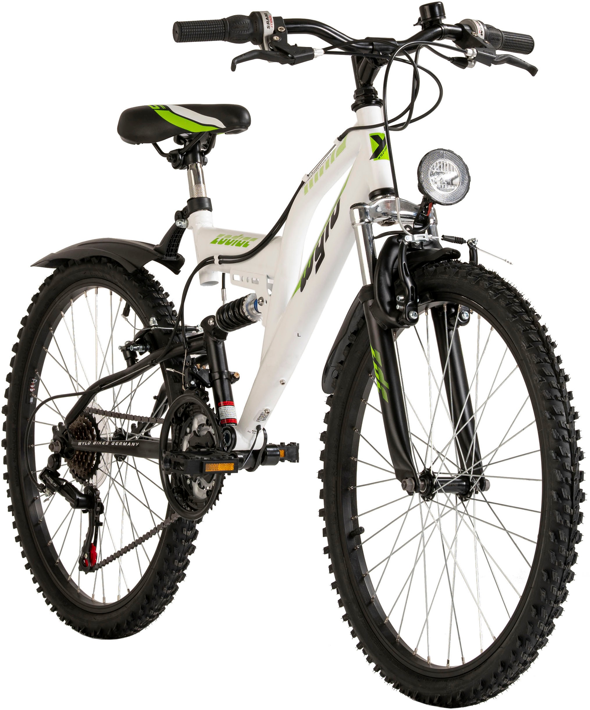 WYLD Kinderfahrrad »Kinder-Mountainbike Fully ATB 24" Zodiac weiß-grün 18 Gänge RH 38 cm«, 18 Gang, Kettenschaltung