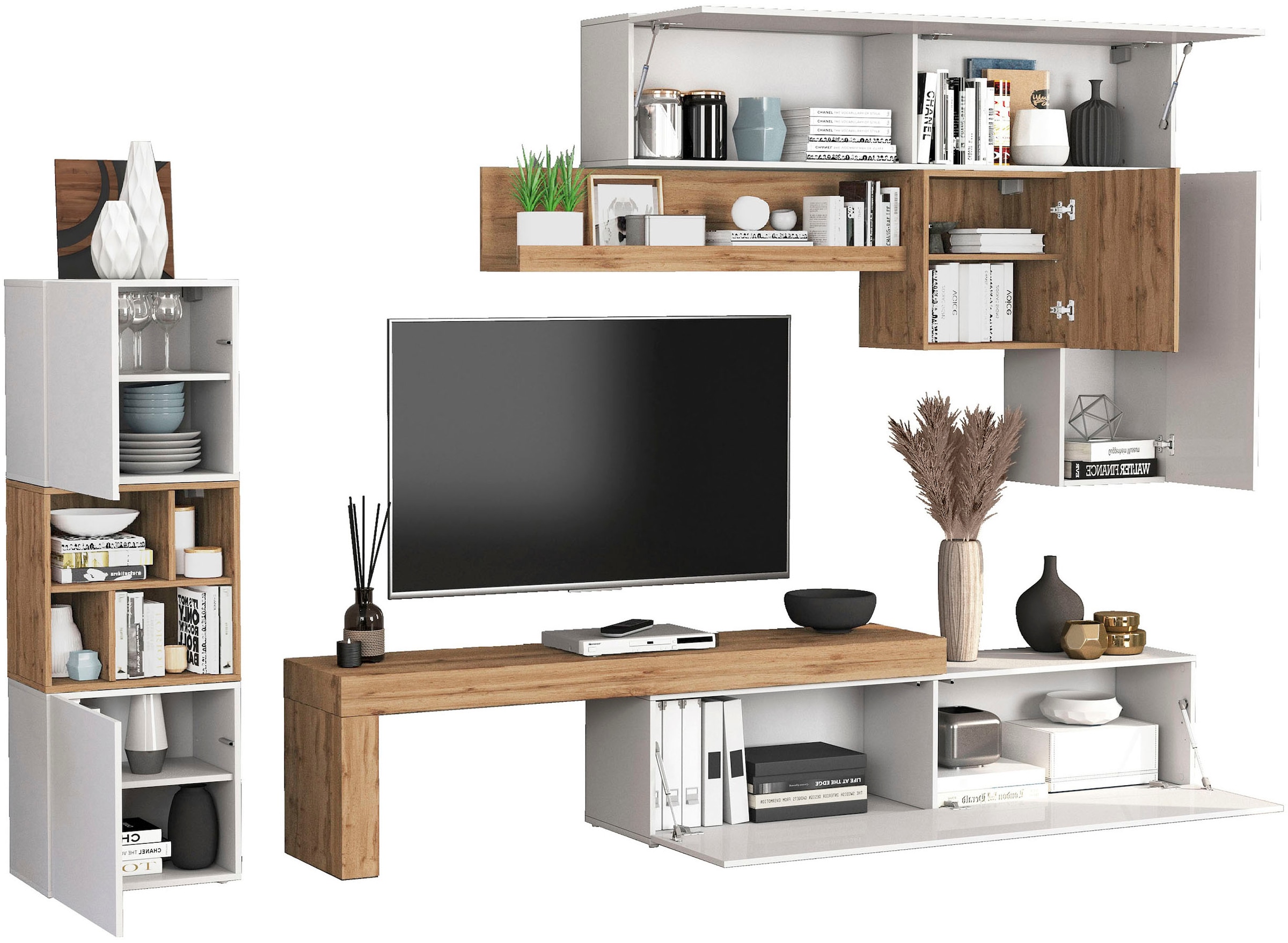 INOSIGN Wohnwand »Chronos Wohnwand, Medienwand, 8-er set«, (Set, 8 St.), ca. 320 cm mit Hängeschränke, Würfel, Regal, Lowboard, Made in Italy