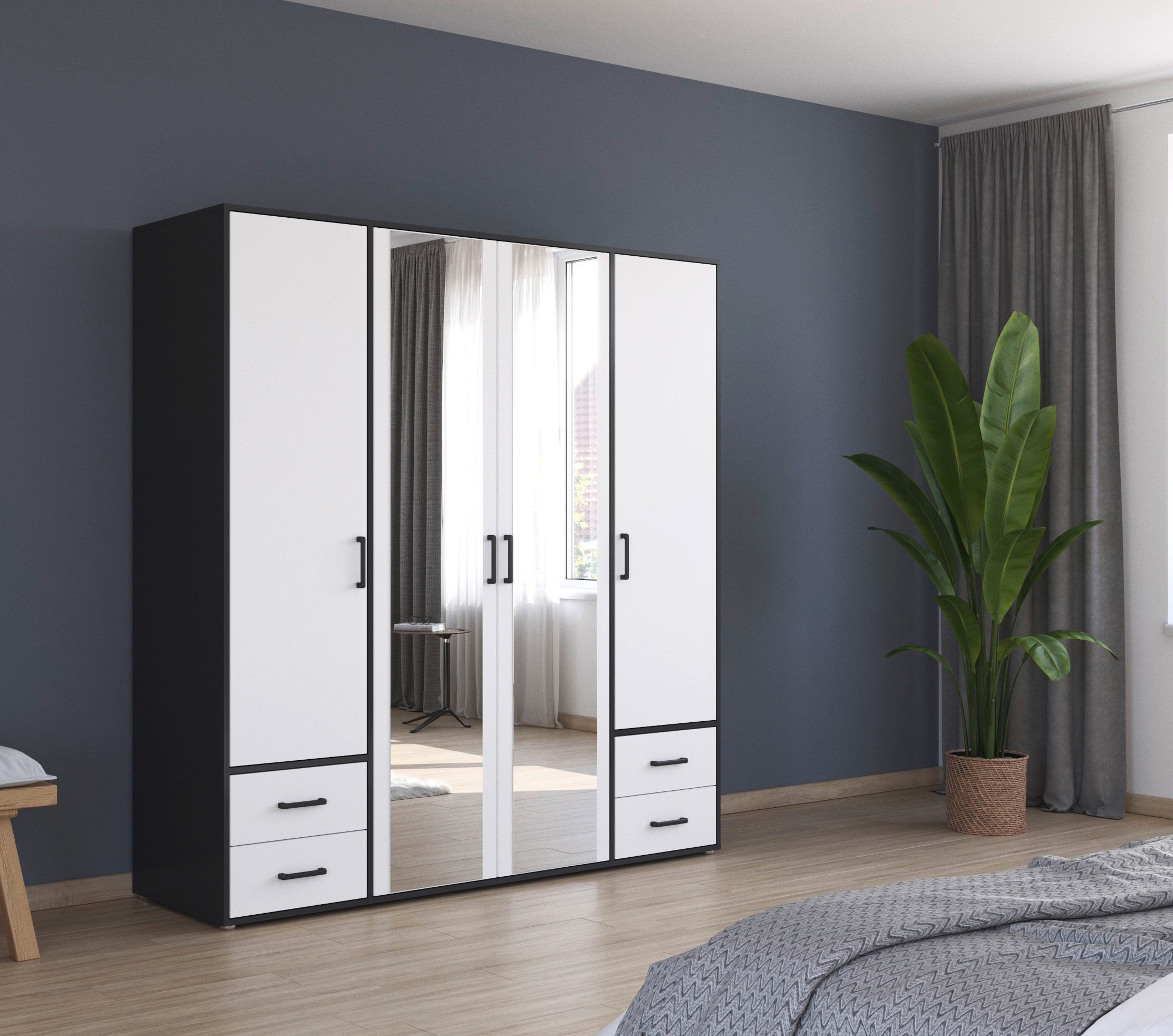 rauch Drehtürenschrank »Kleiderschrank Schrank Garderobe Wäscheschrank VOYAGER«, (in 3 verschiedenen Ausstattungen BASIC/CLASSIC/PREMIUM), mit modernen Griffen in Graumetallic, inkl. Schubkästen und Spiegel