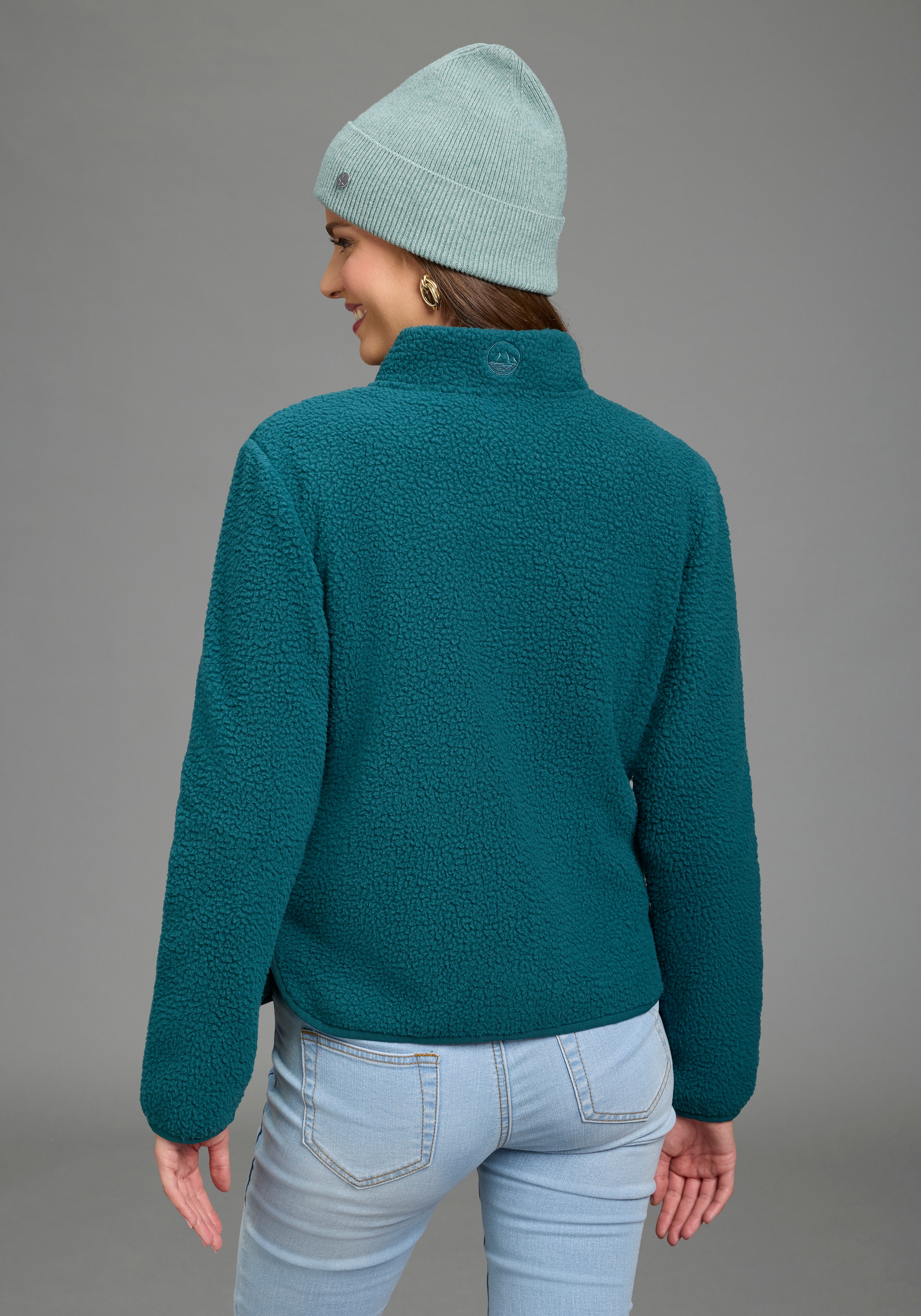 Polarino Fleecejacke ohne Kapuze aus Teddy-Fleece, Übergangsjacke mit Stehkragen und Knöpfen