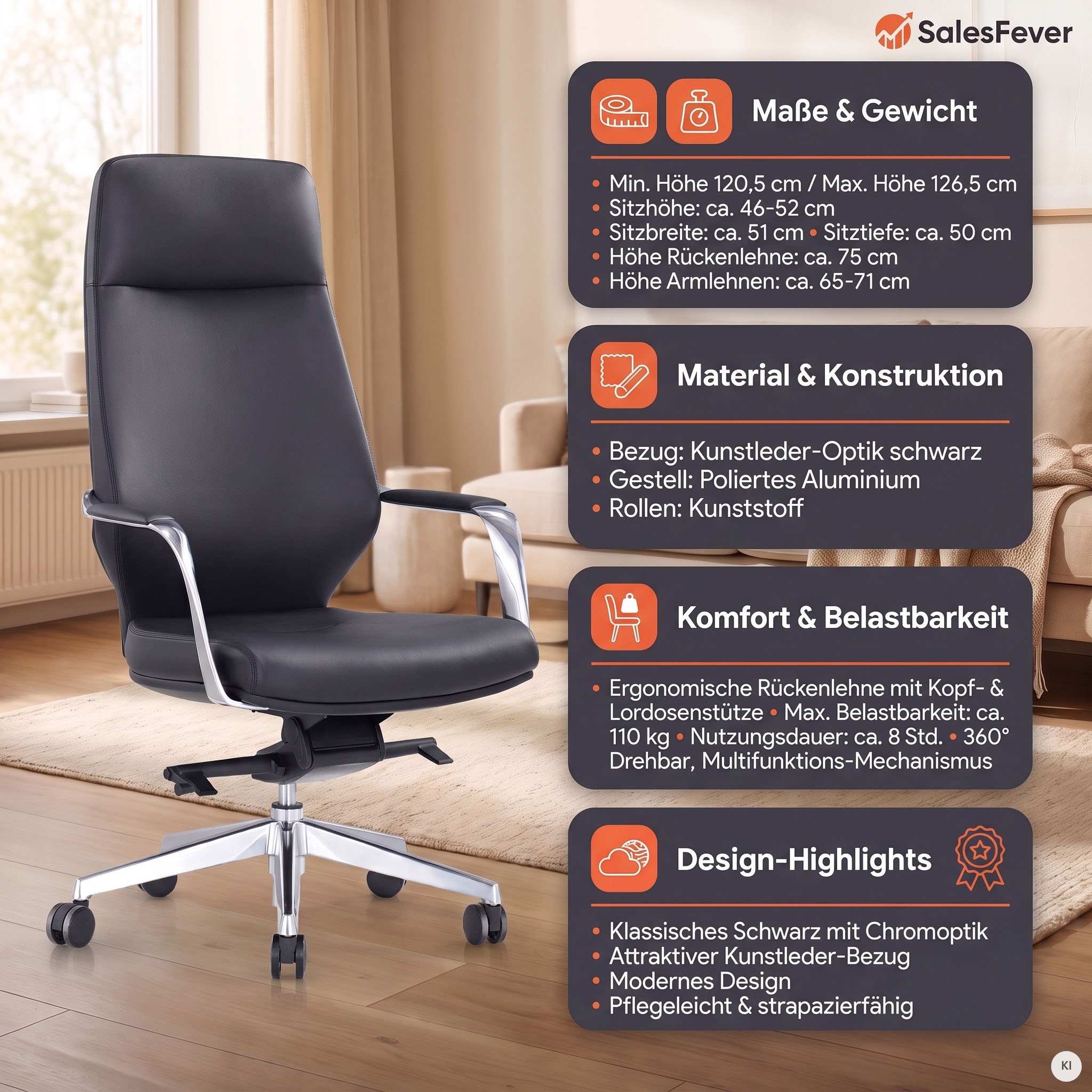 SalesFever Drehstuhl »mit Stil und Komfort« () Ergonomischer Bürostuhl mit pflegeleichtem Kunstlederbezug