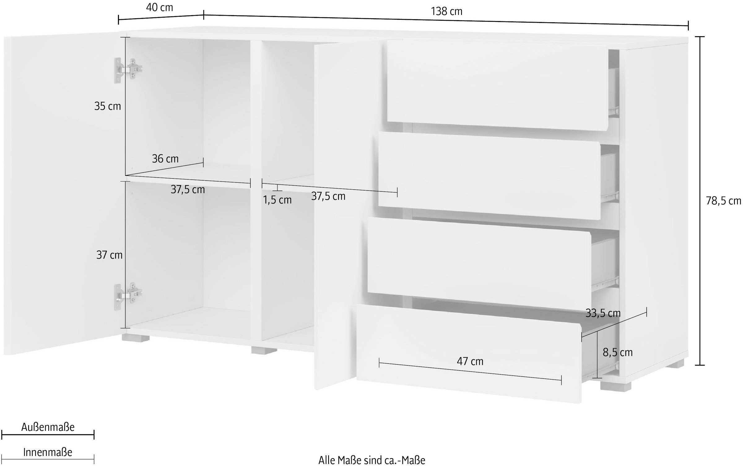 INOSIGN Sideboard »Asymetric, Breite 138 cm, grifflose Kommode 2 Türen/4 Schubkästen«, Schubladenschrank mit viel Stauraum, Einlegeböden verstellbar