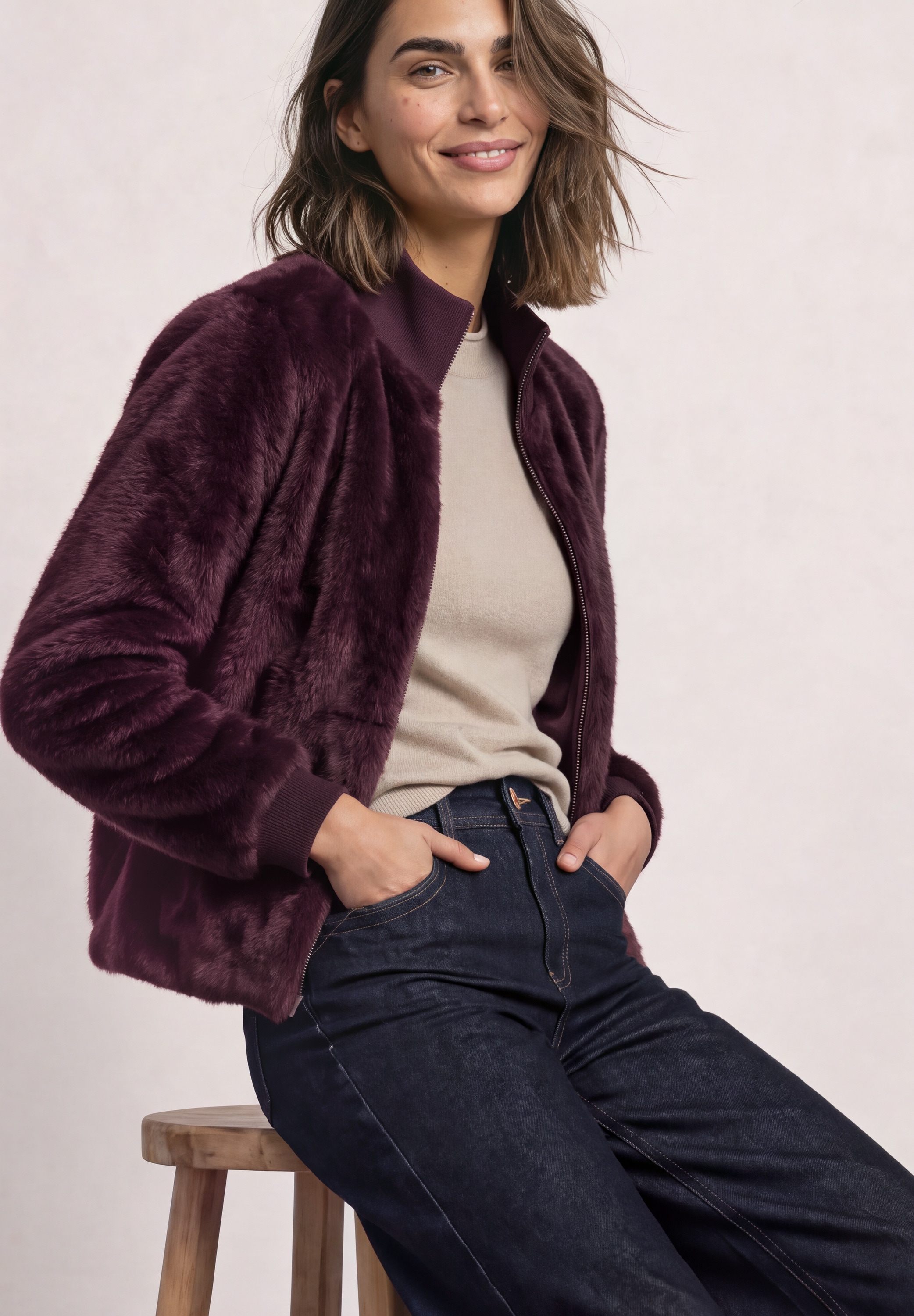 STREET ONE Blouson ohne Kapuze Fake Fur Blouson mit Strickdetails und Leo-Optik