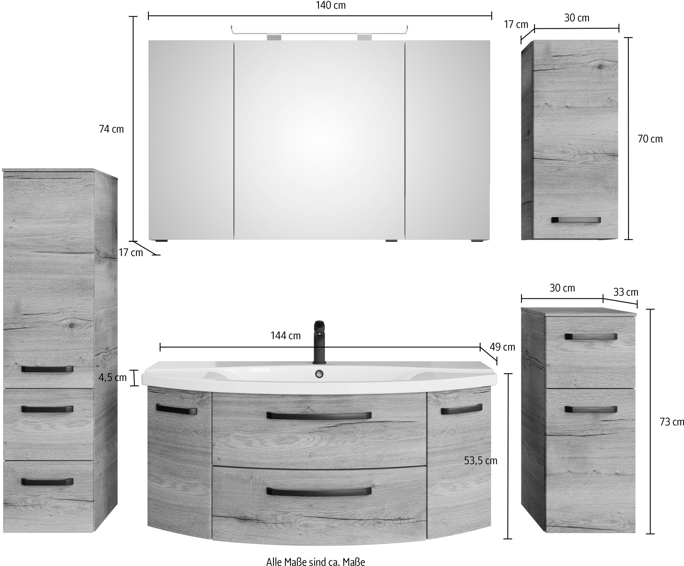 Saphir Badmöbel-Set »Serie 4010 5-teilig Keramik-Waschtisch mit LED-Spiegelschrank«, (Set), Bad Set mit Unterschrank, Hängeschrank, Midischrank, inkl. Türdämpfer