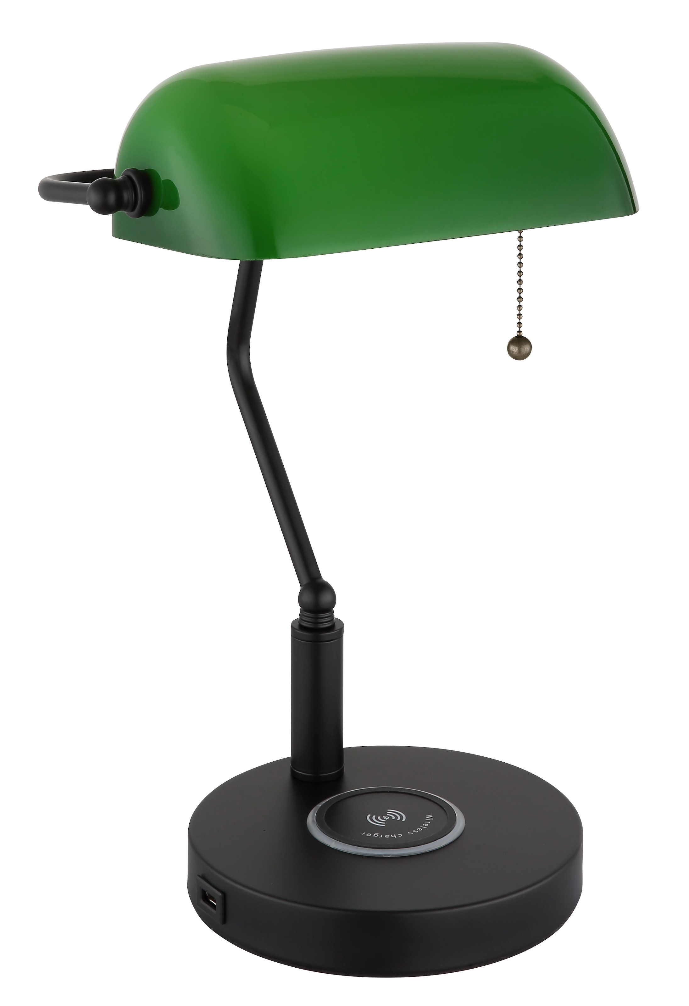 my home Tischleuchte »Daria« E27 1 Stk. Wireless Ladefunktion, Bankerlampe, Zugschalter-Kette