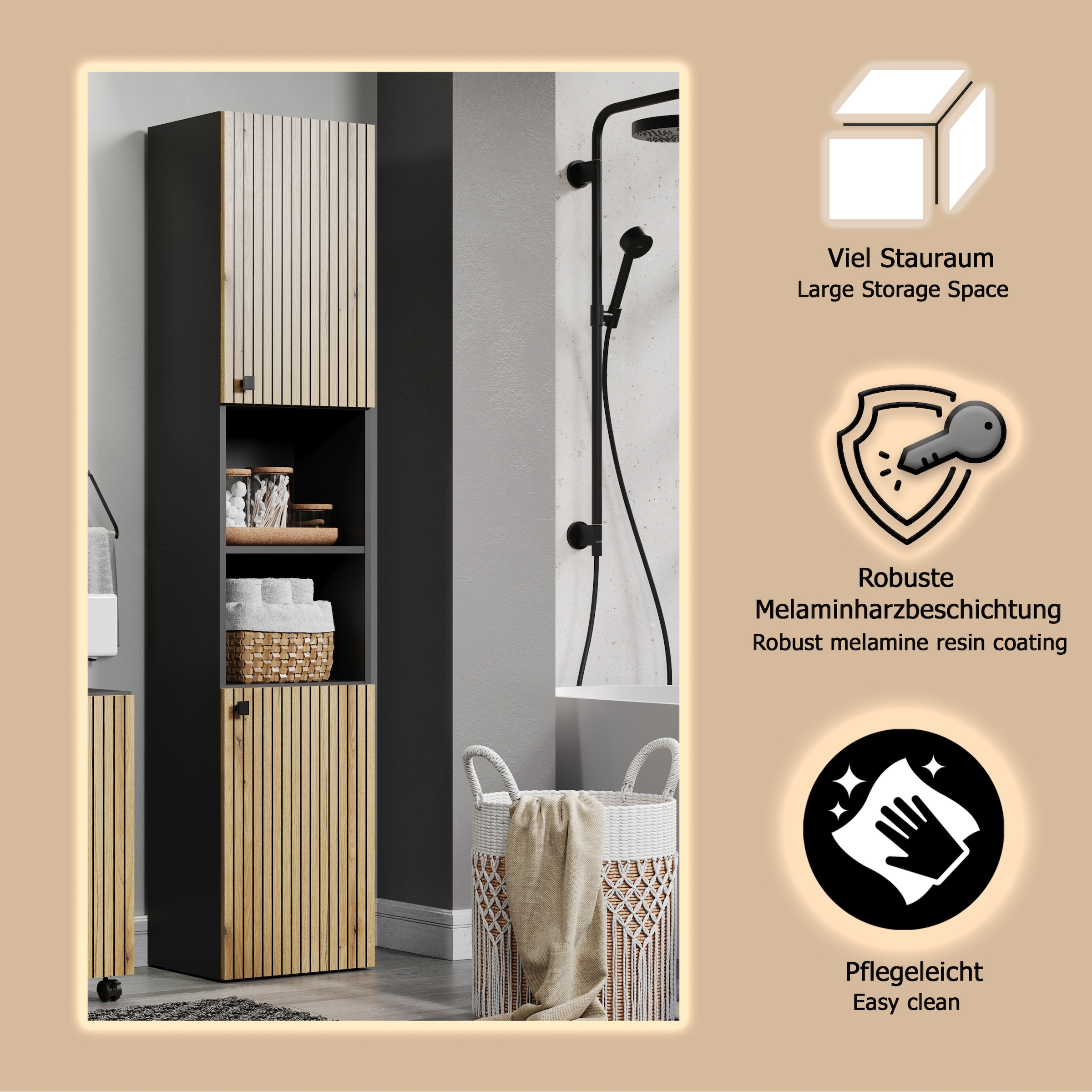 welltime Hochschrank »Amrum«, Badezimmerschrank mit und ohne Schublade - (B/T/H) 40-70/31/186 cm
