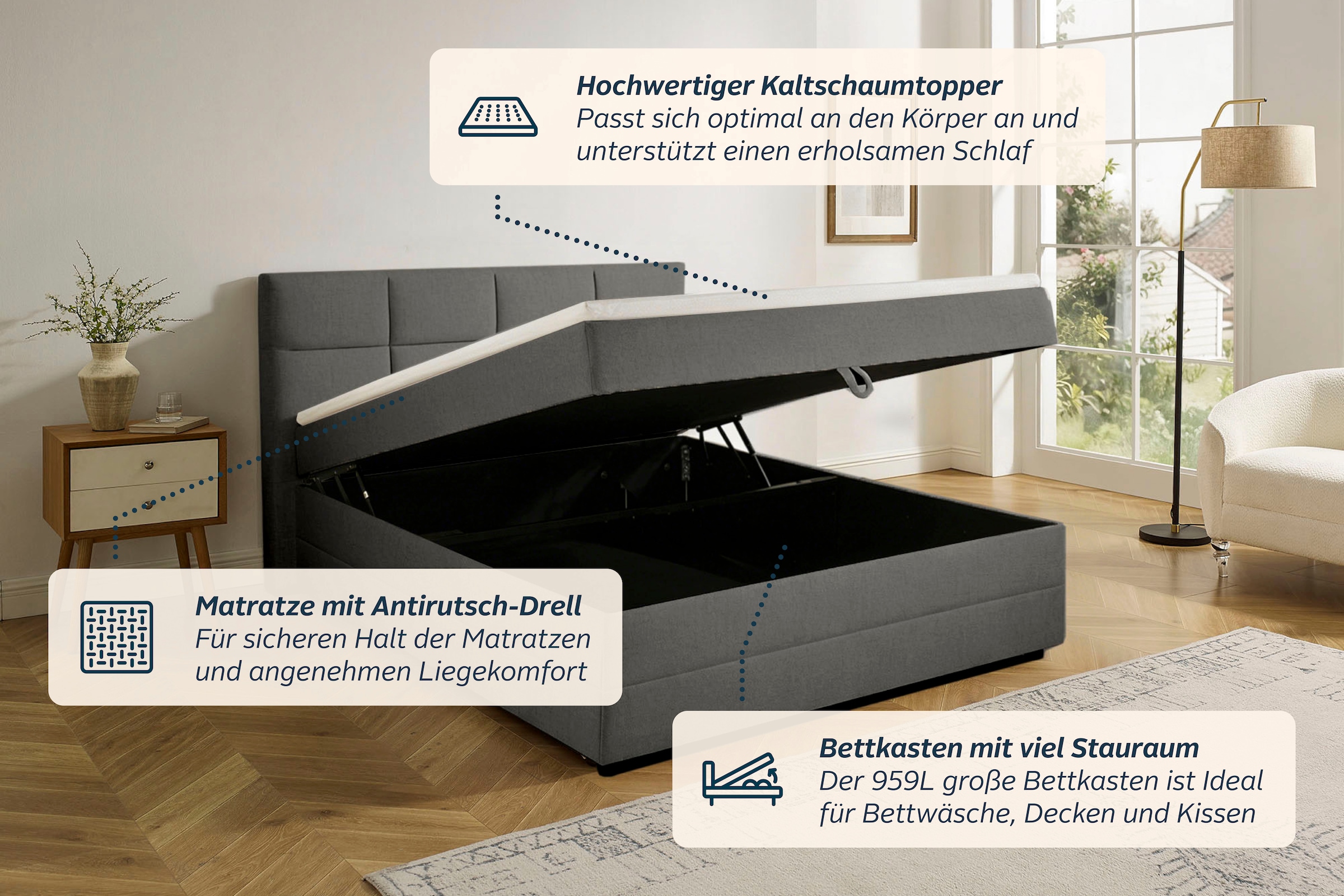OTTO home Boxbett »FILLMORE, Polsterbett mit Bettkasten und Taschenfederkernmatratze H3« mit Kaltschaumtopper, Strukturstoff-Bezug, 140x200 & 180x200 cm