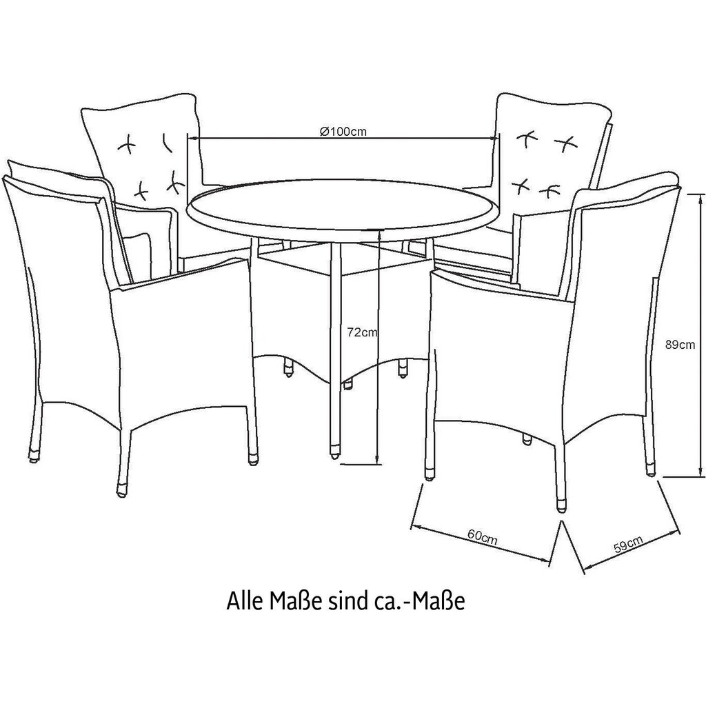 KONIFERA Garten-Essgruppe »Mailand«, (Set, 13 tlg., 4 Sessel, Tisch Ø 100 cm, inkl. Auflagen)