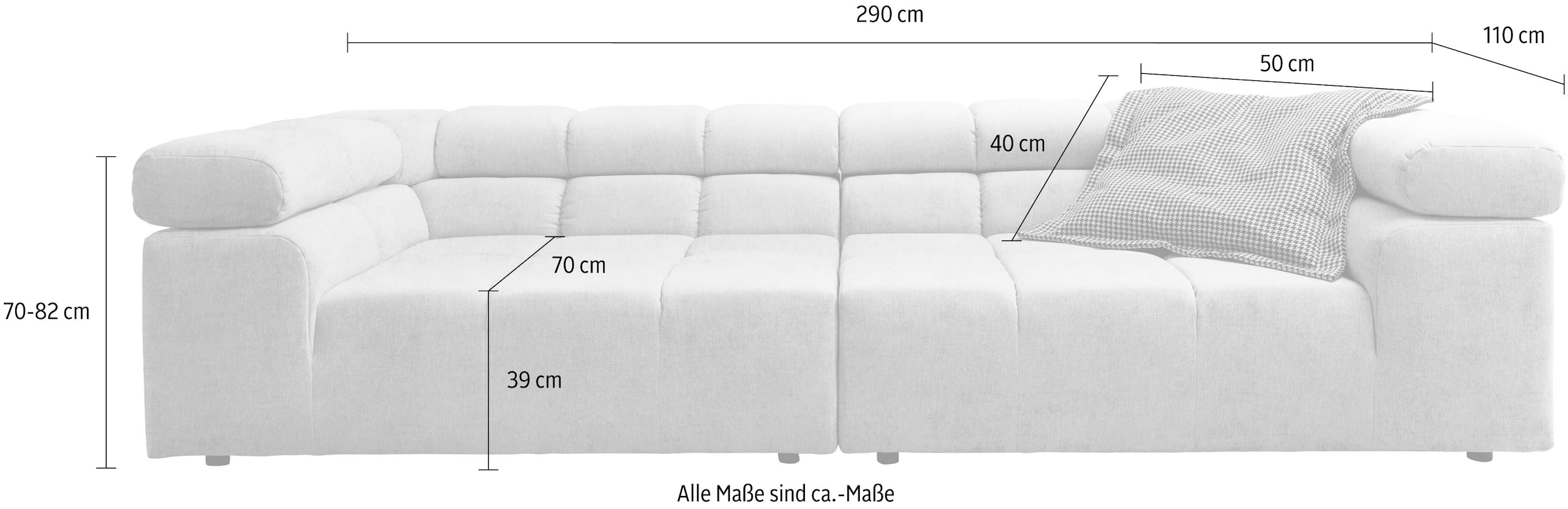 INOSIGN Big-Sofa »Ancona B/T/H: 290/110/70 cm«, auffällige Steppung, inkl. 2 Zierkissen und verstellbaren Kopfstützen