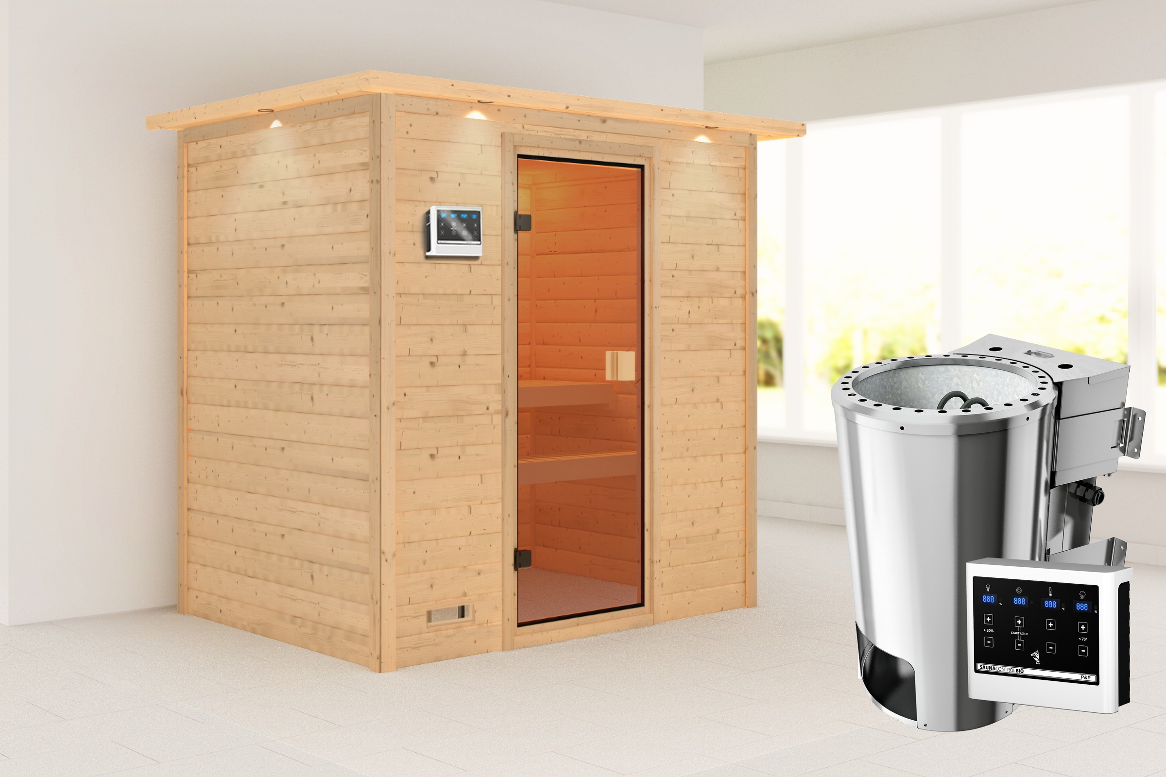 Karibu Sauna »"Sunie" mit bronzierter Tür und Kranz, naturbelassen« aus hoc günstig online kaufen