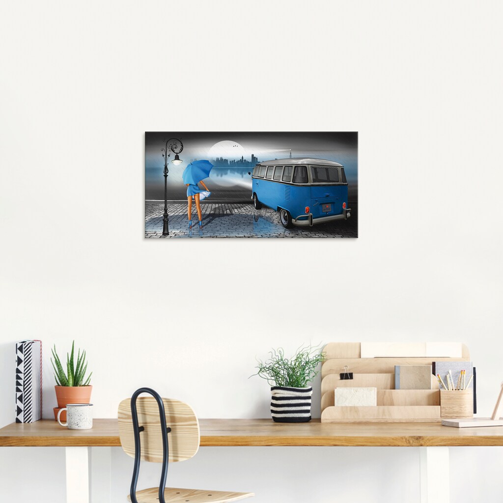 Artland Glasbild »Regennacht in Blau mit Camper T1«, Auto, (1 St.)
