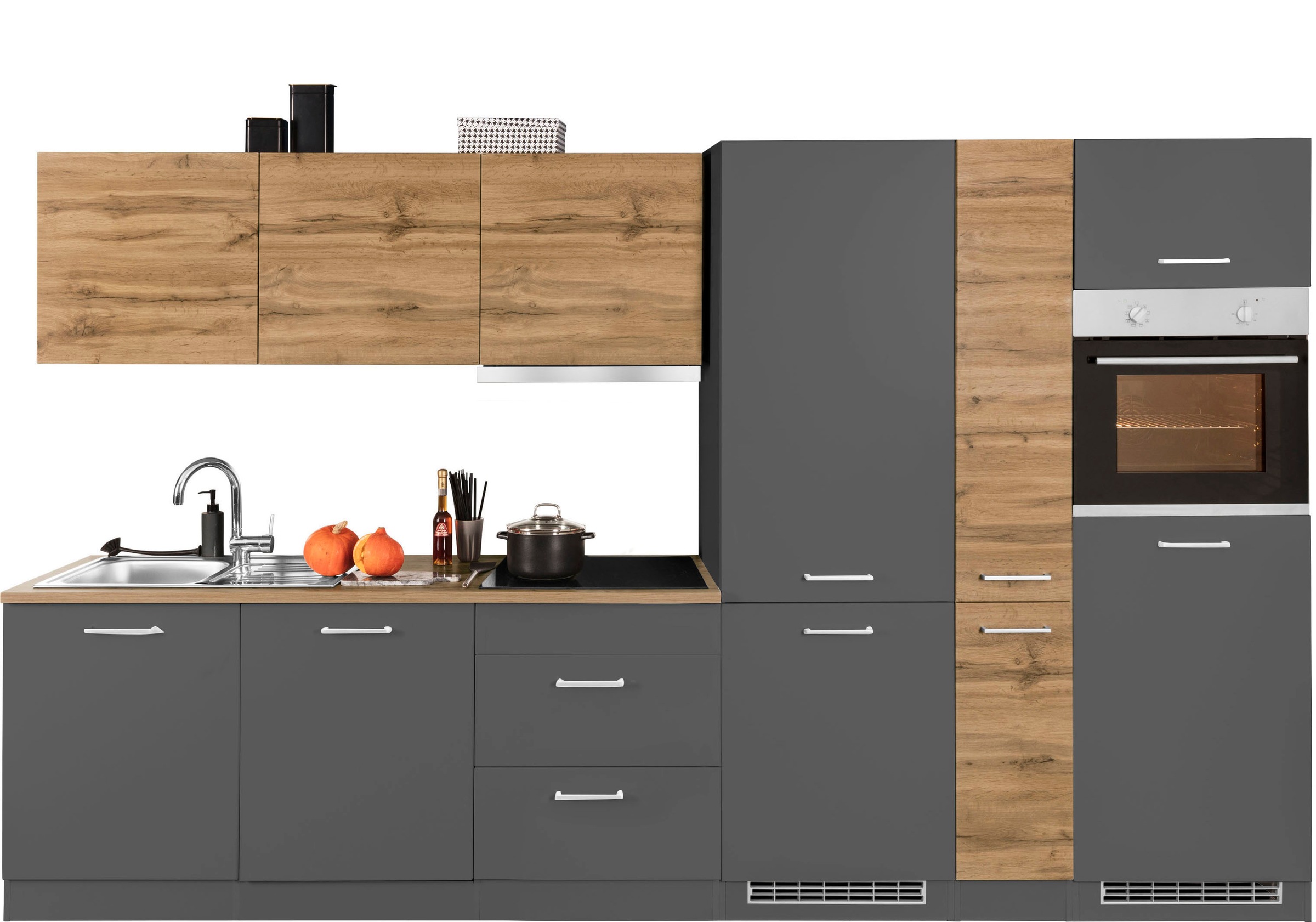 KOCHSTATION Küchenzeile »KS-Kehl«, mit E-Geräten, Breite 330 cm, inkl. Kühl/Gefrierkombination
