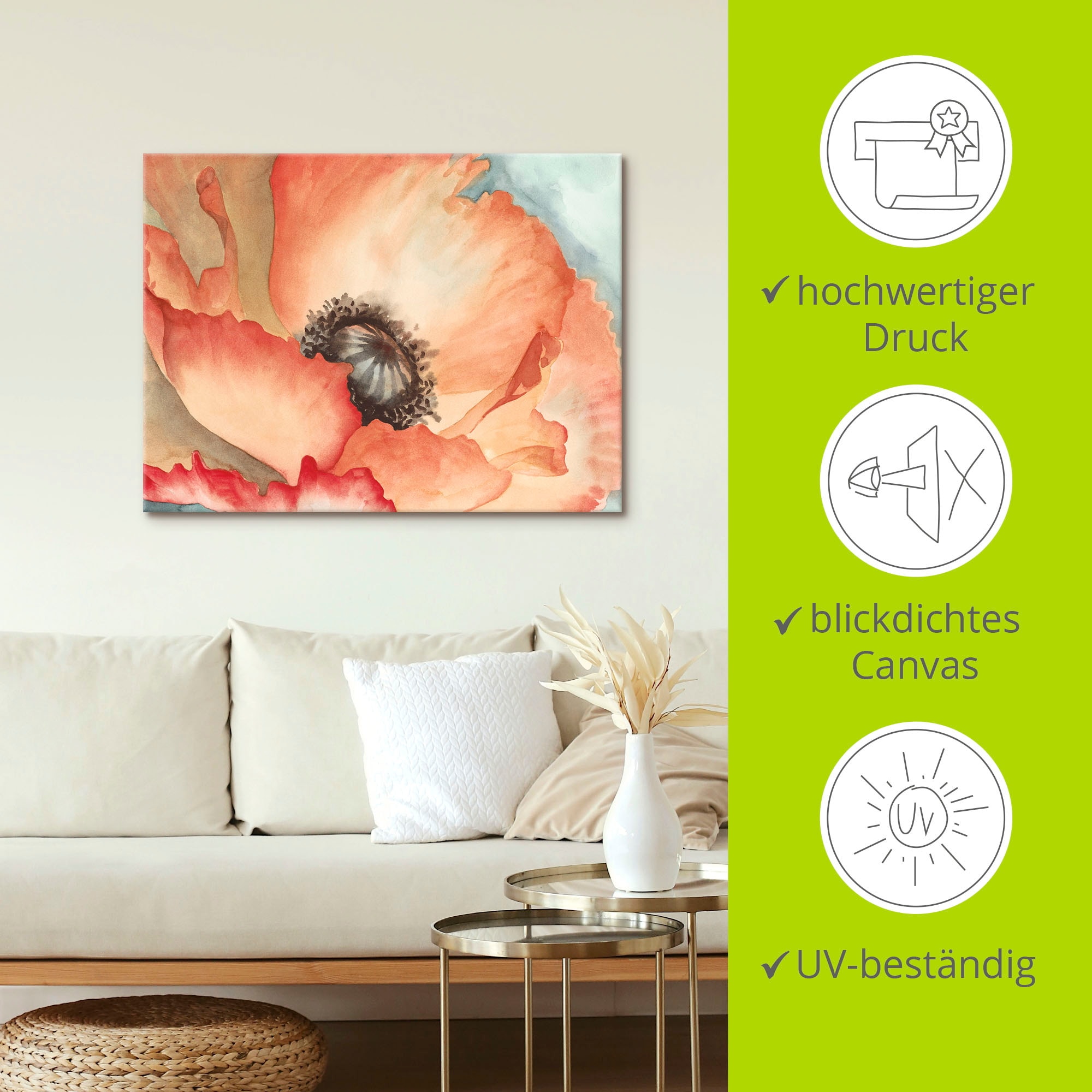 Artland Wandbild »Wasserfarben Mohn II«, Blumen, (1 St.), als Leinwandbild in verschied. Größen